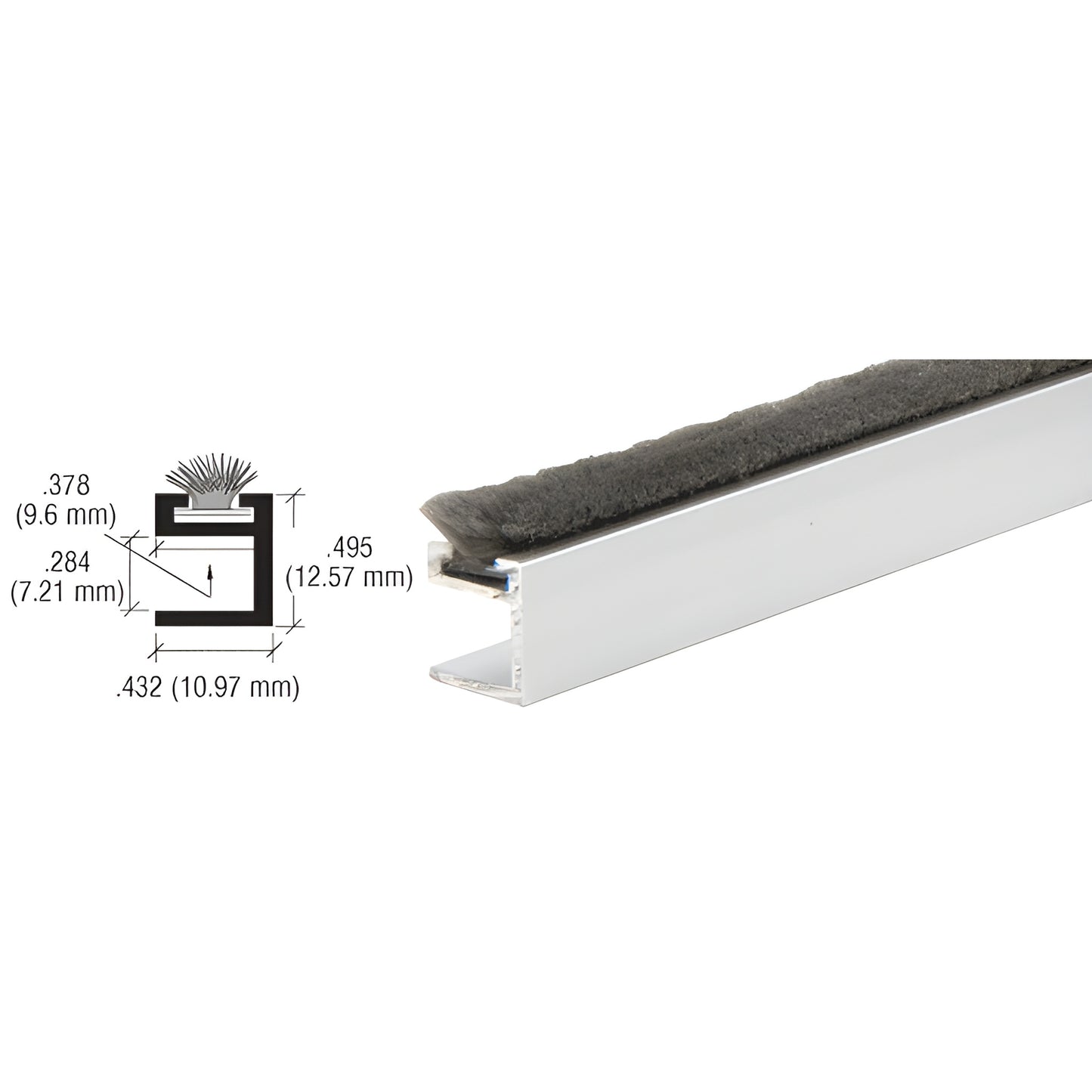 CRL D632A aluminum satin-anodized dust-proof rail with black pile insert, extrusion profile and dimensions shown.