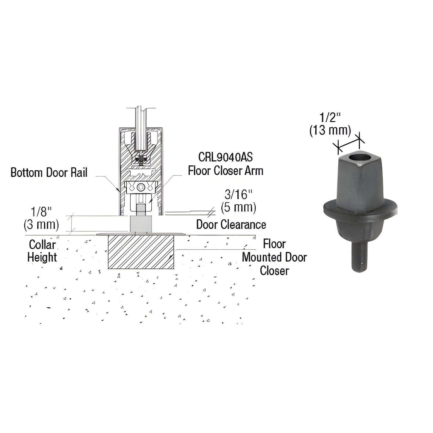 CRL9050S3 MAB aluminum flat-tapered spindle for floor-mounted closers, 1/8" collar (5/16" clearance)