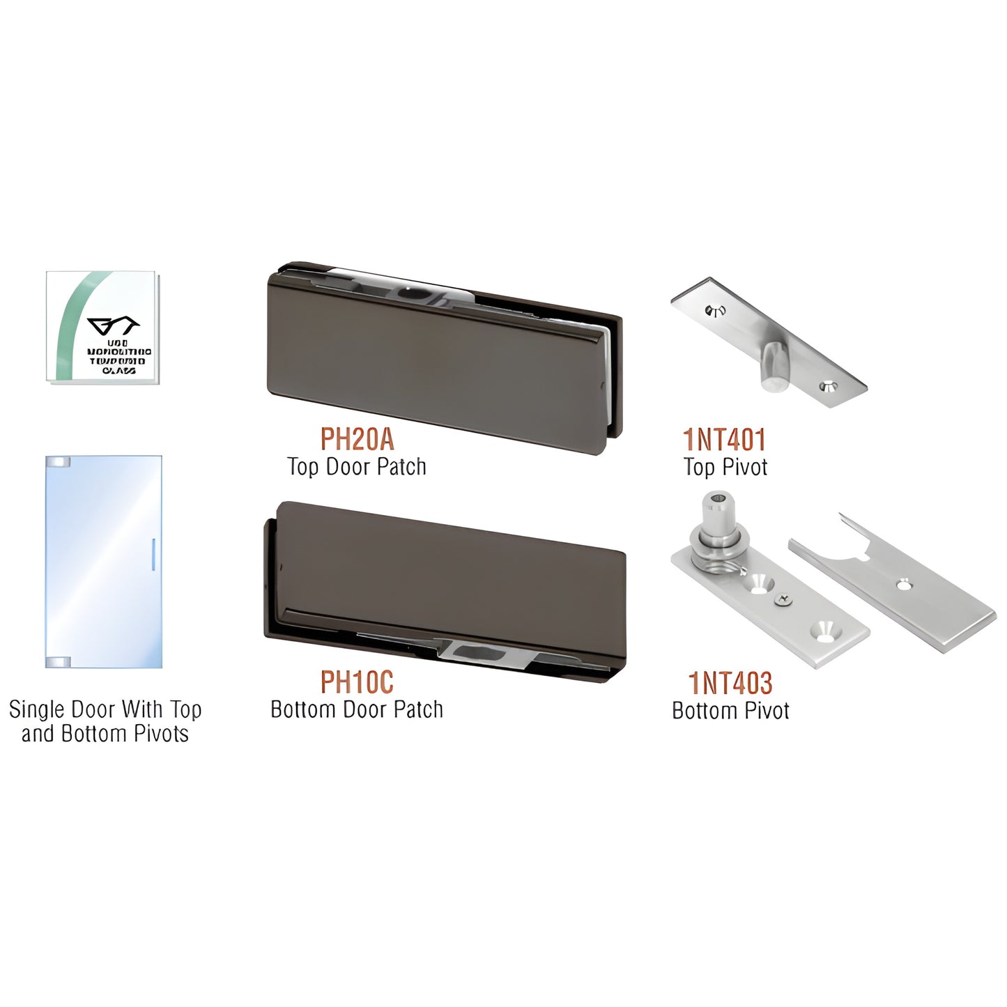 PHA1DU black bronze patch door kit for single tempered glass door - top & bottom patches, pivots, for 3/8-1/2" glass.