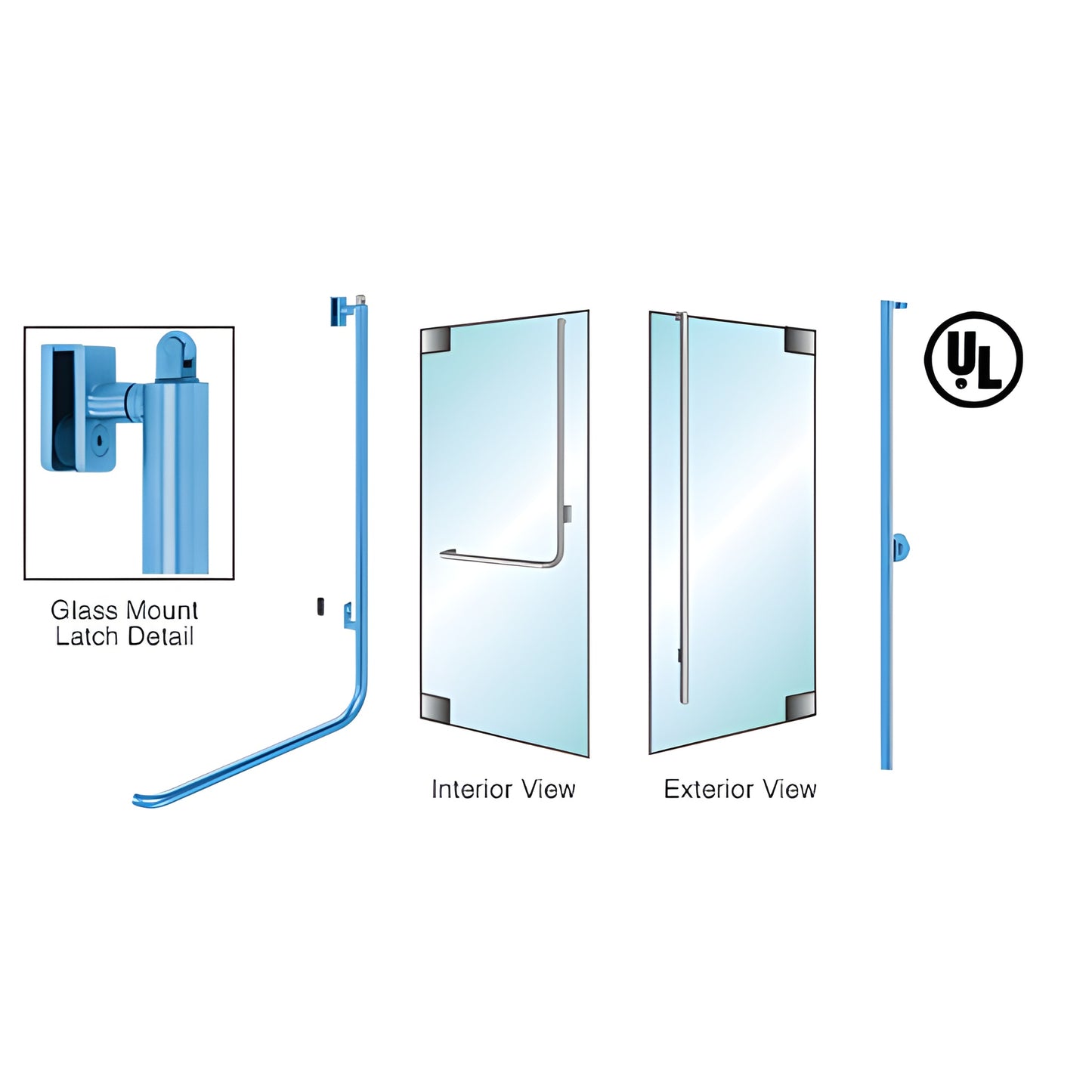 PA100FS3GKPT tubular panic handle for 1/2-3/4 in glass doors; 1-1/4 in tube, stainless finish, exterior key option, UL listed