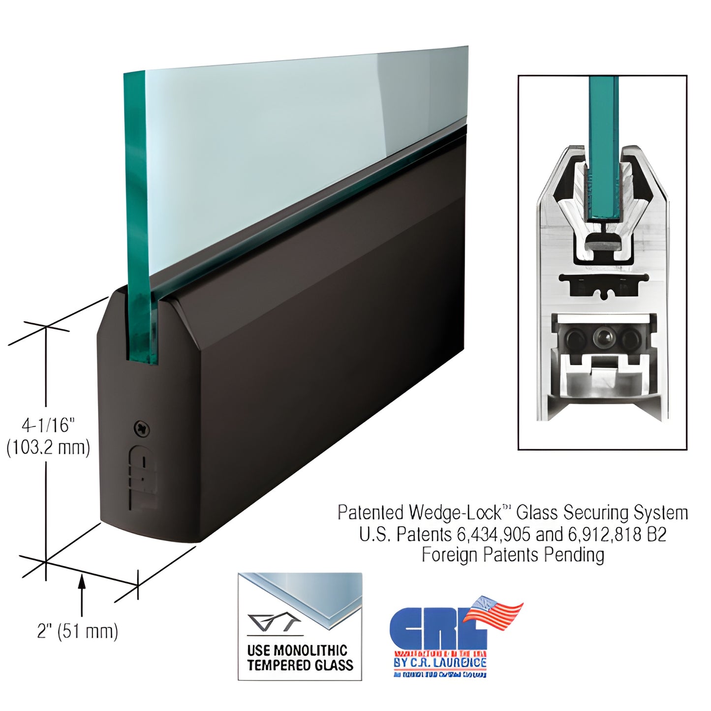 Oil-rubbed bronze 4" tapered aluminum door rail with Wedge-Lock for 1/2" tempered glass (no lock)