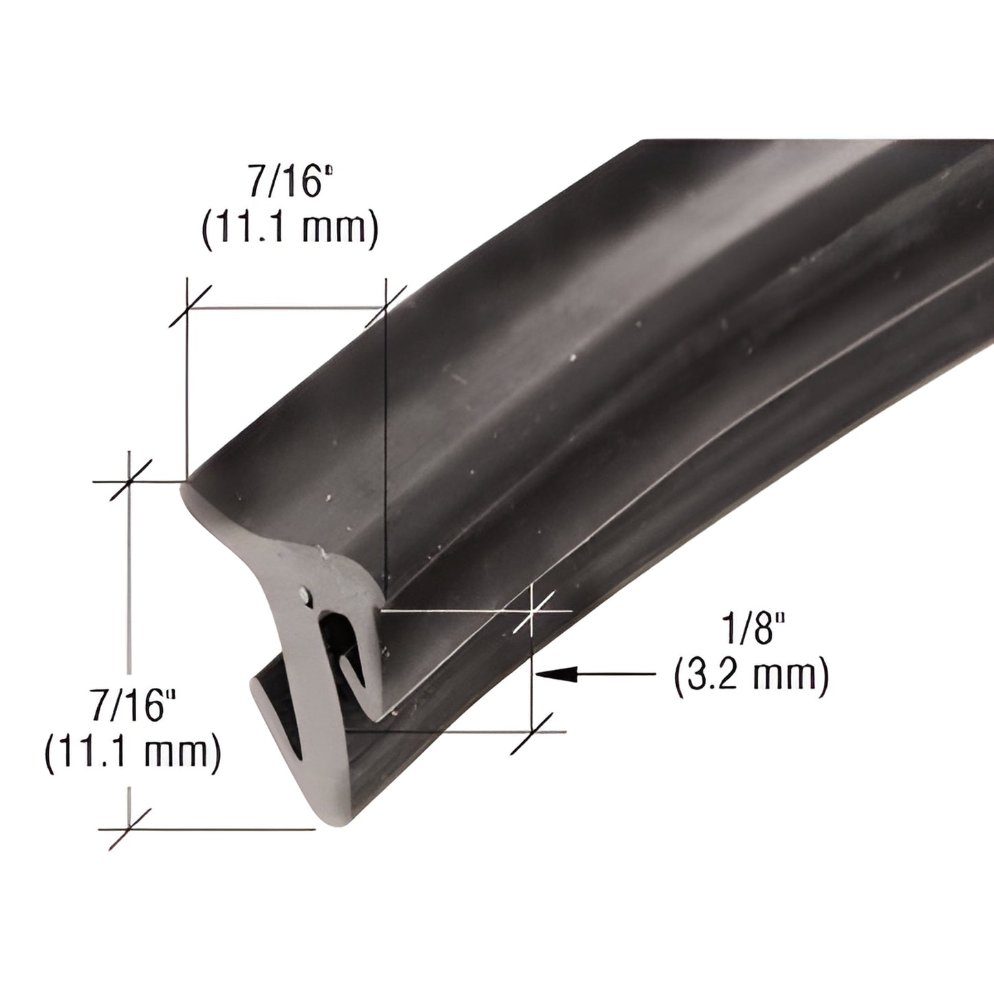 Black EPDM push-in top-load glazing gasket (SKU GGT12100) for 1/2-3/4 glass, tapered sidelite/U-channel seal.
