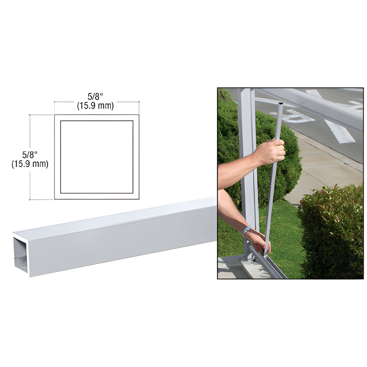 CRL 1PKT48CA 48-inch clear anodized 2-3/8-inch square aluminum fascia post kit, profile drawing and installation photo