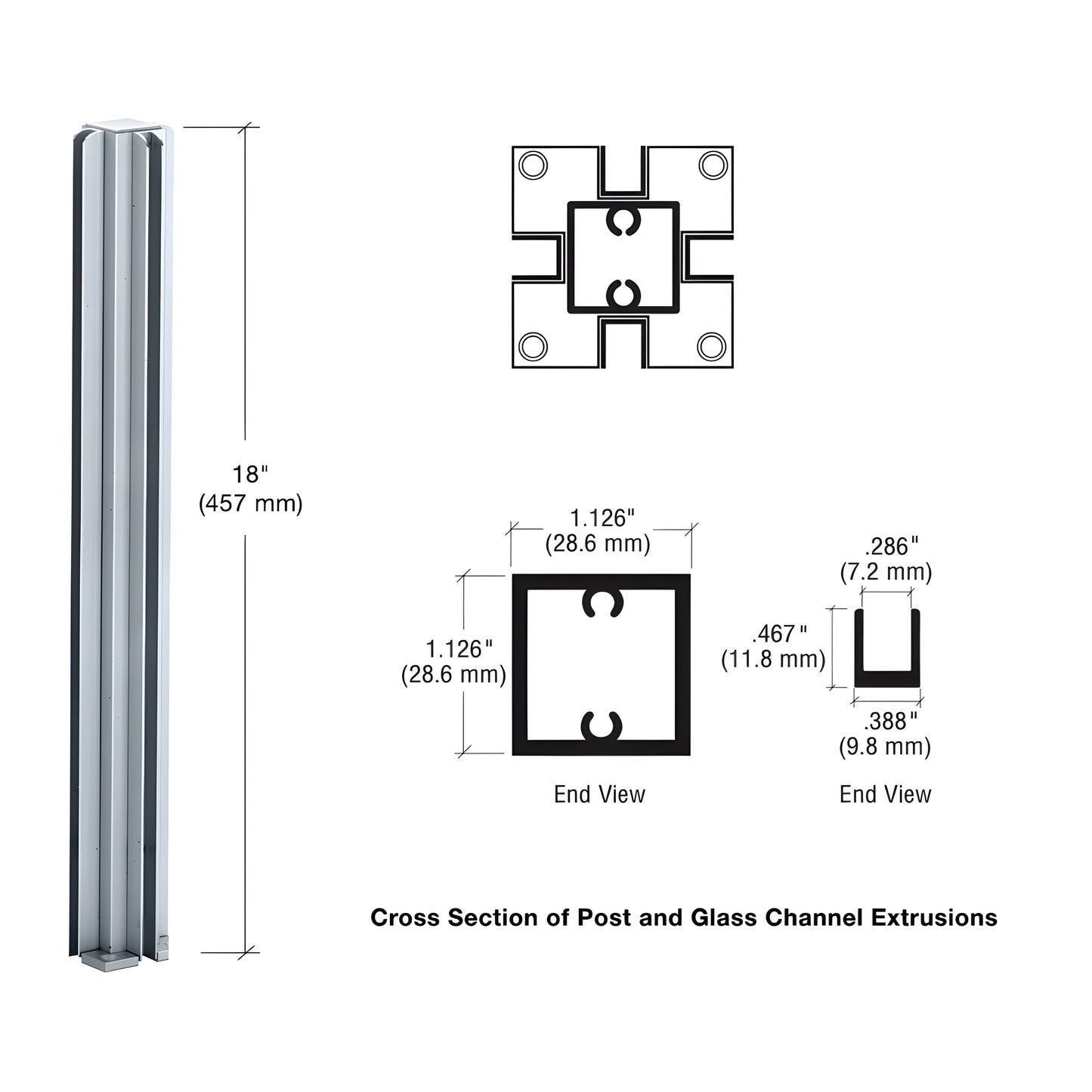 Satin anodized aluminum 18in square 4-way partition post with full-length glazing channels, SKU D990A184W