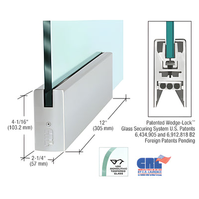 Brushed Stainless 4" DRS Square Door Rail 12" for 5/8" Glass - No Lock