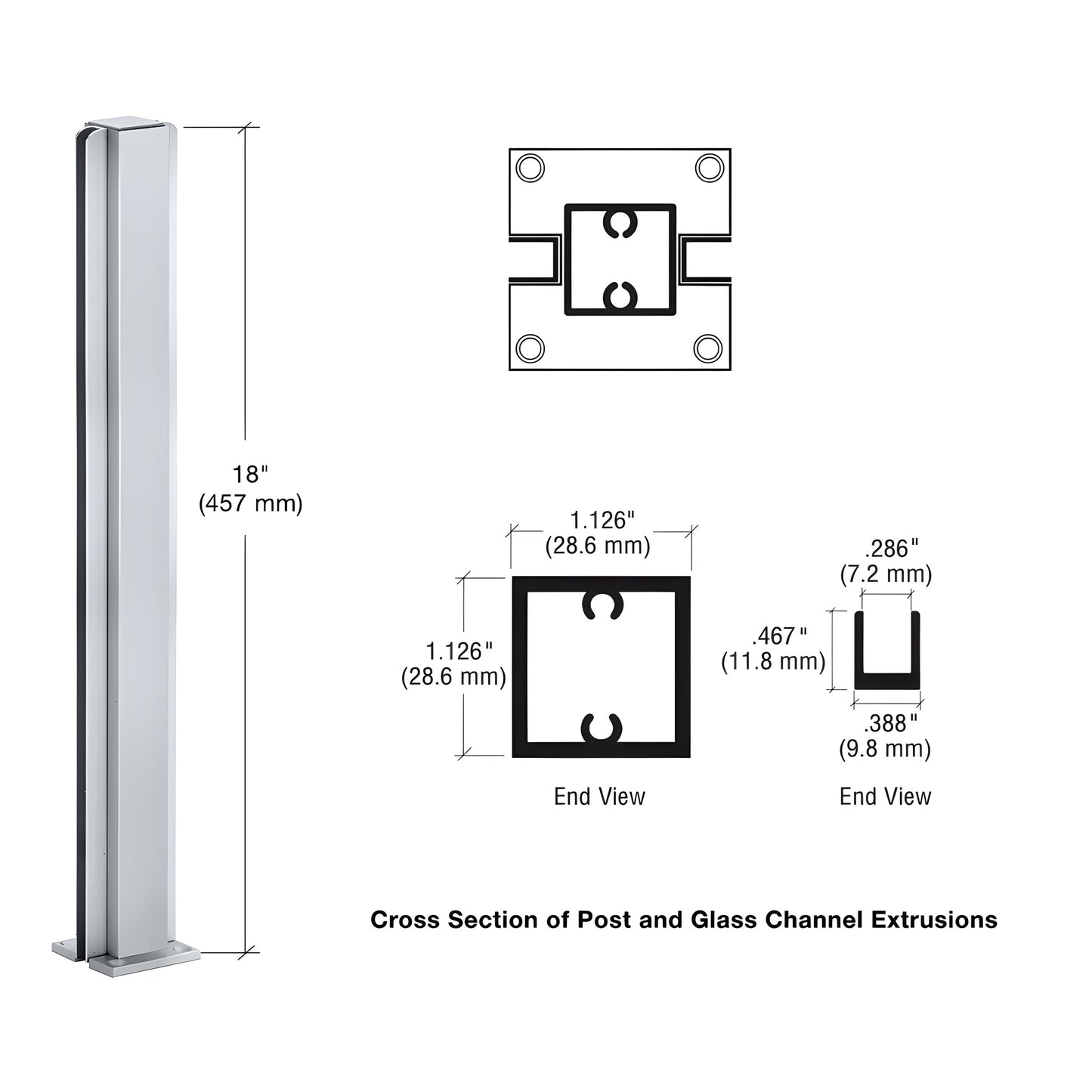 Satin anodized aluminum 18in square center post with U-channel for 1/4" glass - SKU D990A18C