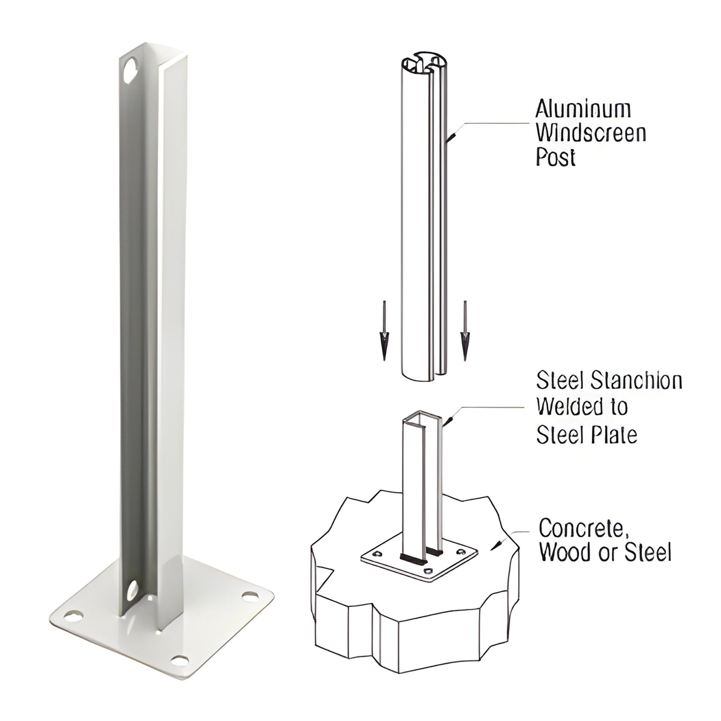 PSB5CW sky-white welded steel stanchion with 5 in base plate, 4 mounting holes, surface-mount post bracket (fits up to 72 in)