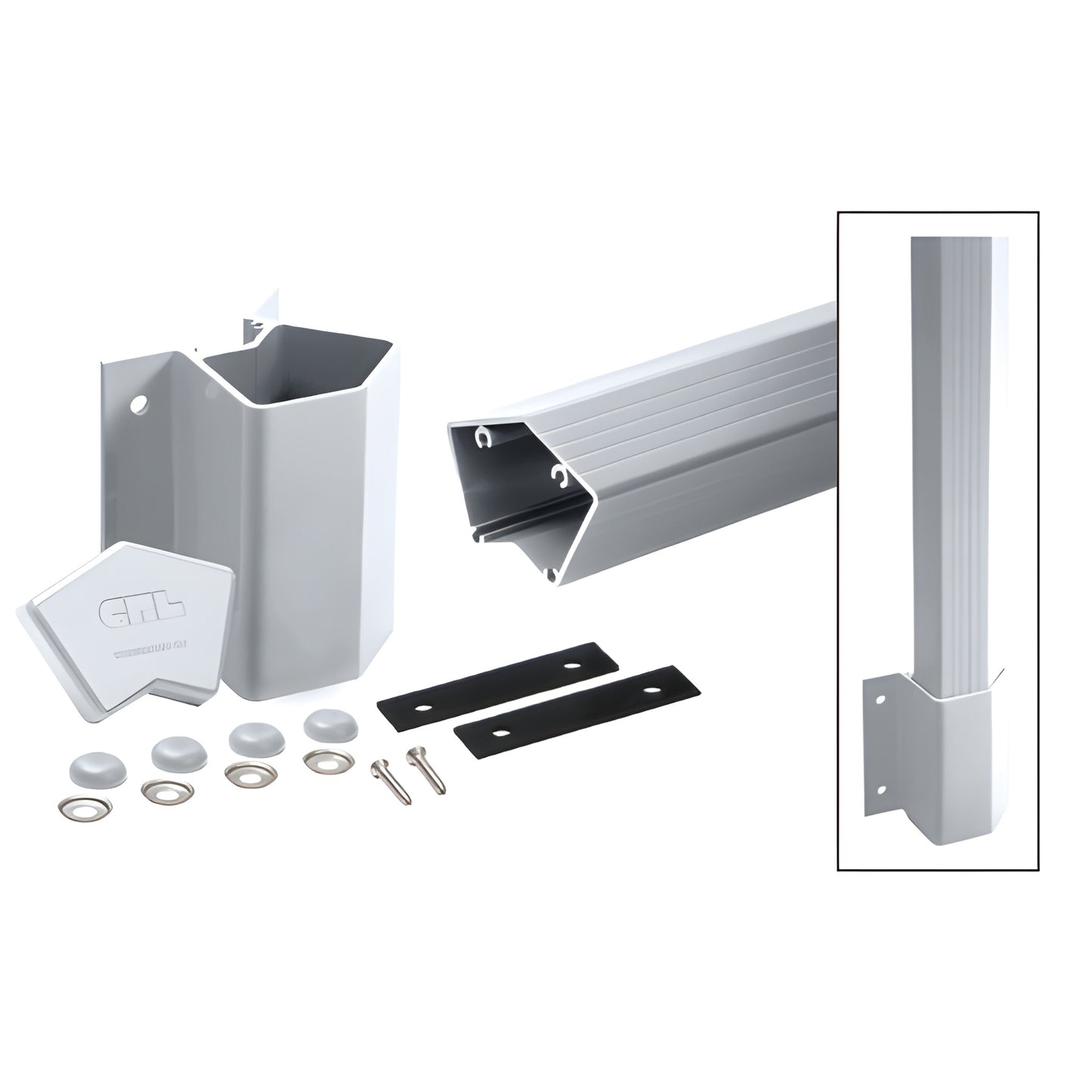 CRL 100 Series 135 outside fascia mount post kit (SKU 1FP542KM) mill aluminum with bracket, cap, covers & hardware.