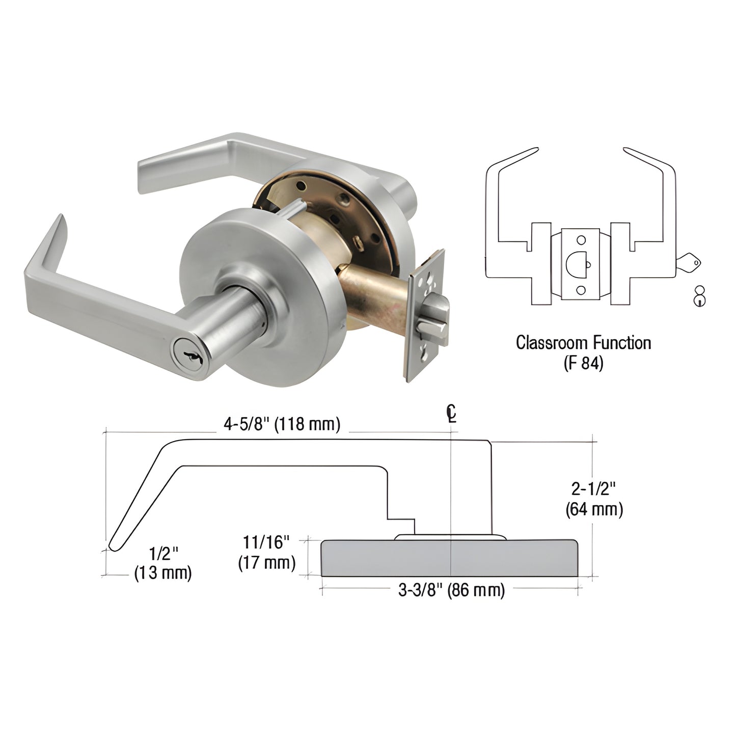 D92CLS brushed chrome Grade 1 heavy-duty classroom lever lockset with clutch, non-handed, includes strike