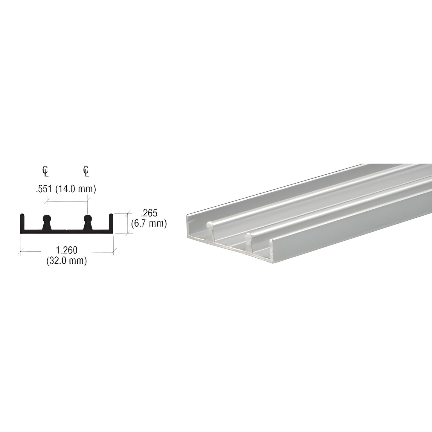 Satin anodized 6063 T5 aluminum lower track extrusion SKU D3103A - 1.26" 0.265", 12 ft.