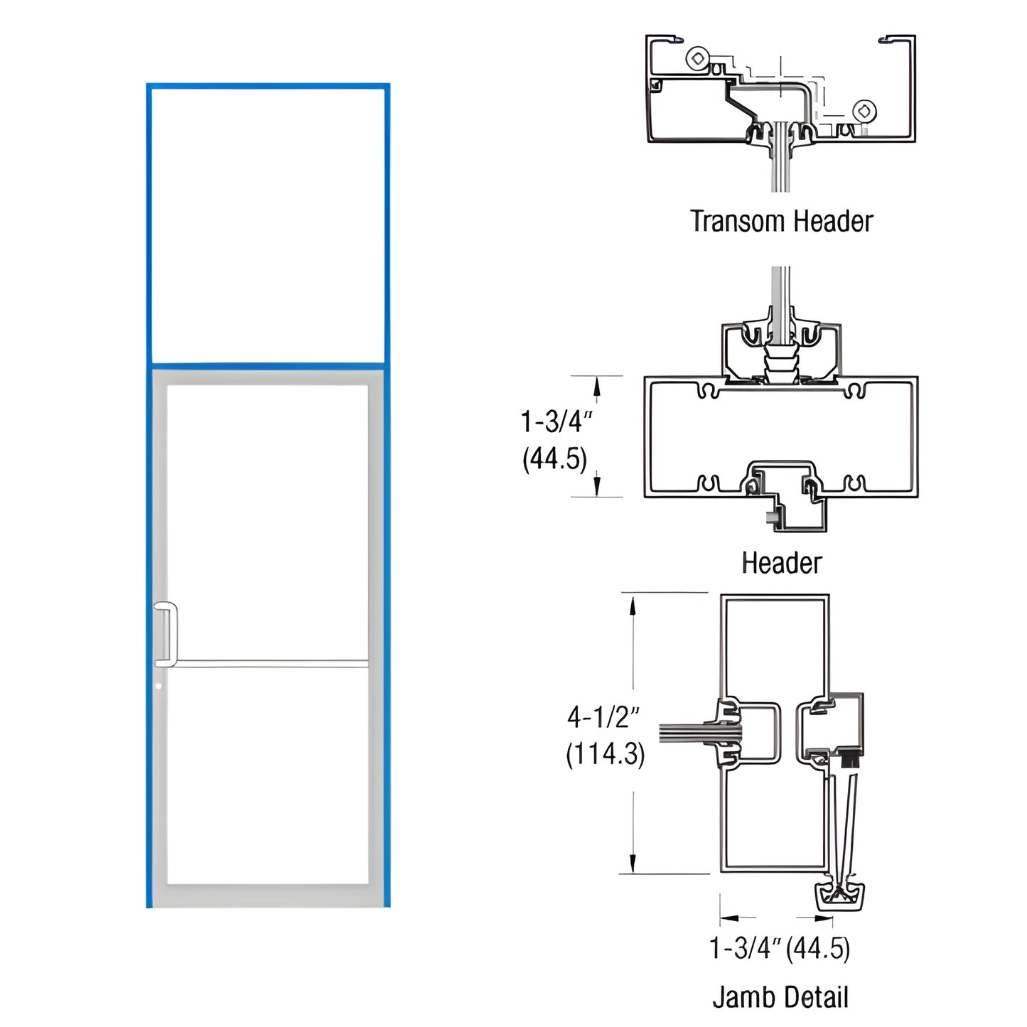 FR61871 commercial aluminum gear-hinge door frame with transom, threshold and jamb/header details, 36x84 base dimensions.