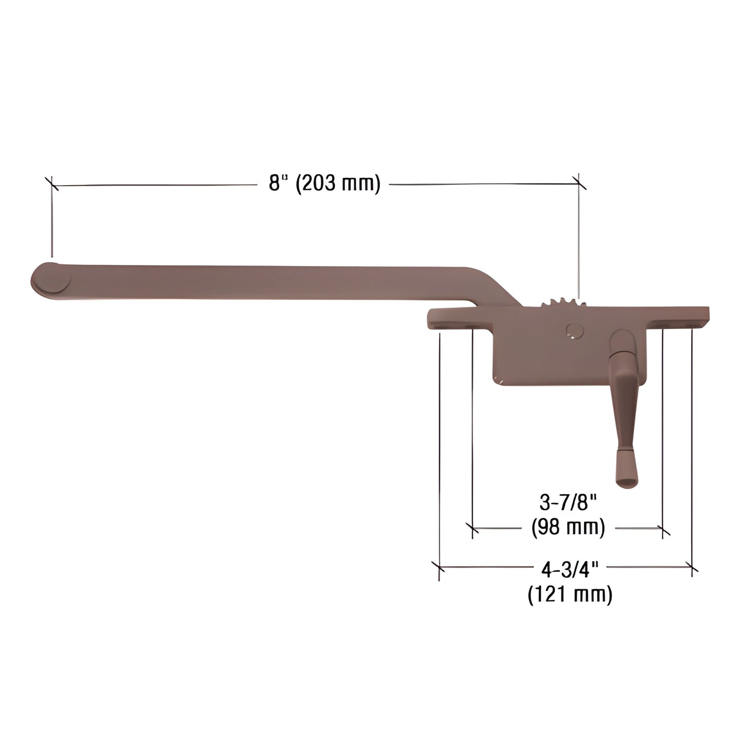 Bronze casement window operator (SKU 5258RHBRZ), right-hand, 8" arm, square housing, 3/8" spline, 3-7/8"/4-3/4" mounts