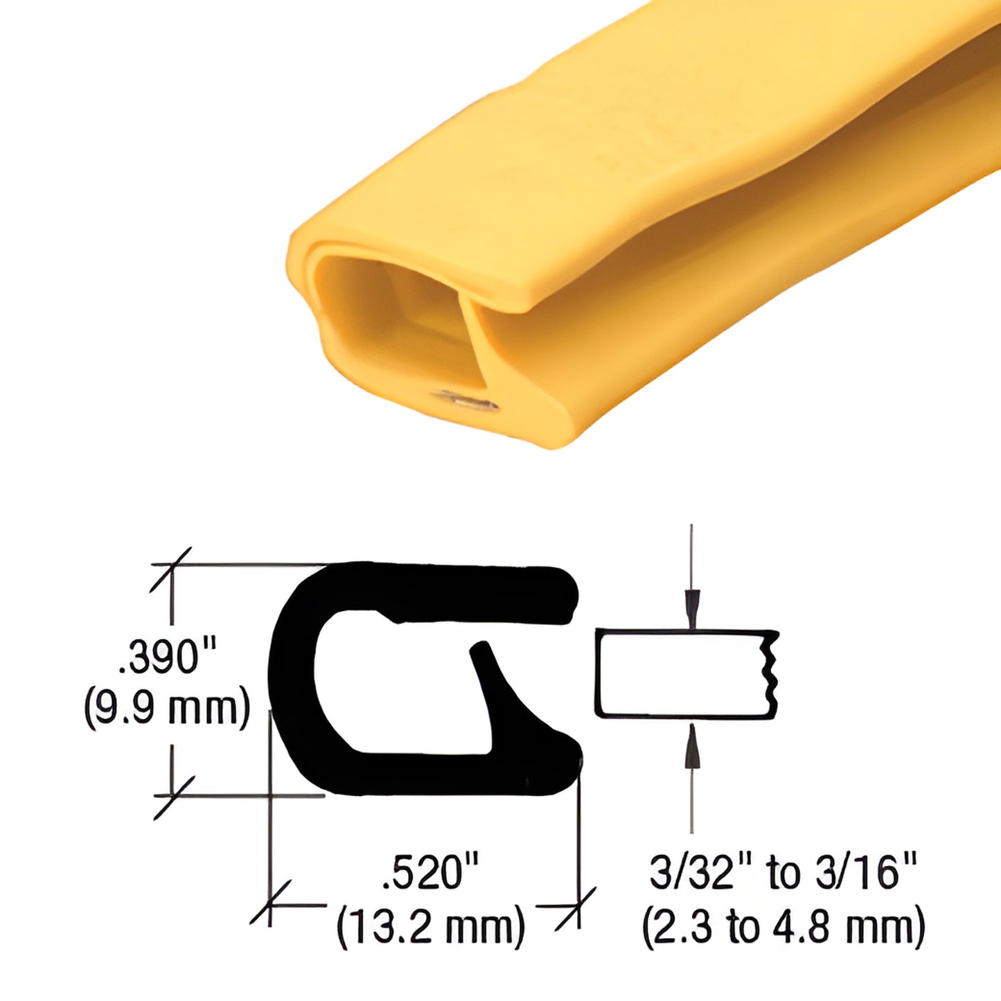 Yellow CRL QuickEdge vinyl edge trim (SKU 75000333), segmented steel core, grips 0.090-0.190" edges, 0.39" high.