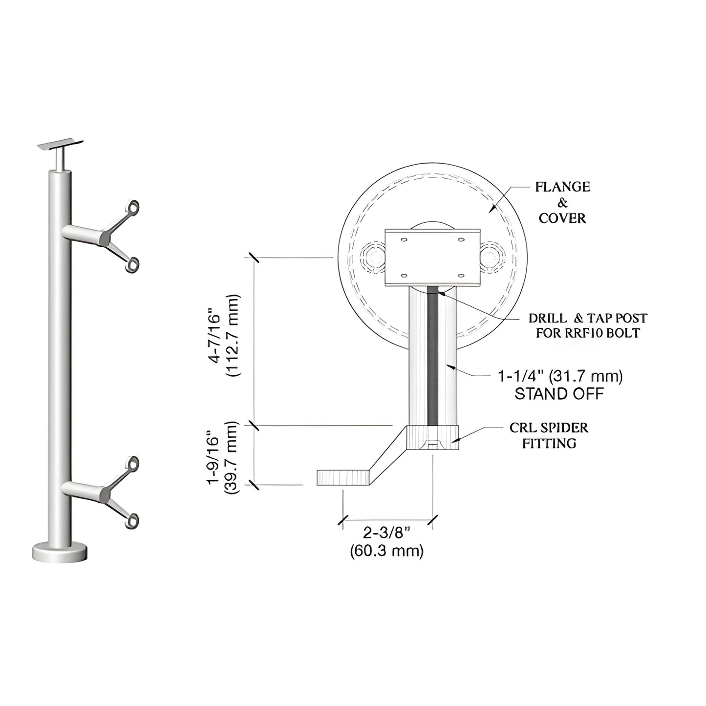 CRL P642EPS polished stainless spider post with base plate and welded top saddle, two spider glass fittings, schematic
