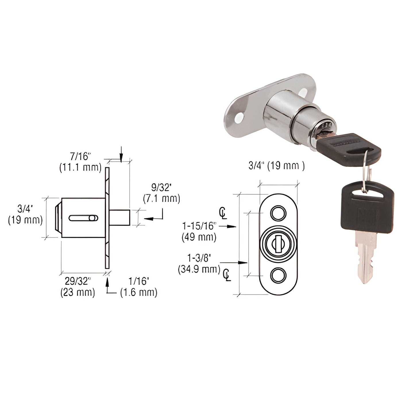 LK54 polished nickel brass spring plunger lock for sliding glass doors, no-drill installation, shown with two keys.