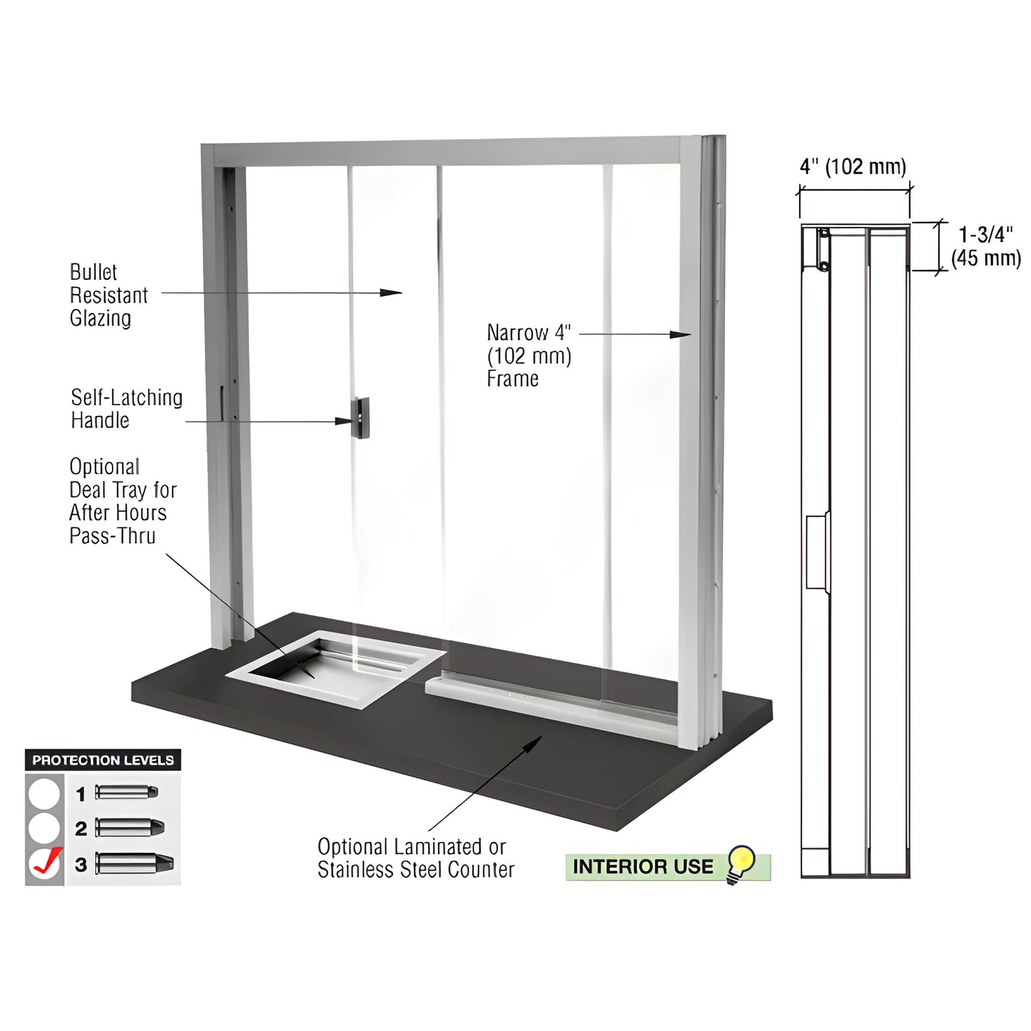 Bullet resistant sliding service window, satin anodized aluminum, 1 1/4" glazing, optional counter, interior use. SKU SBRWA3