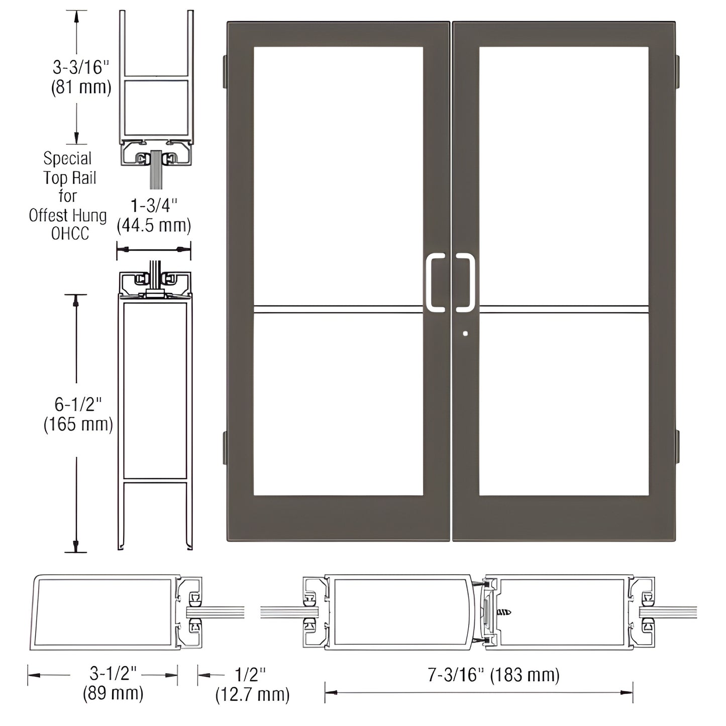 DC42422 CRL medium stile double entrance door, black bronze anodized, 3.5" stiles, 6.5" bottom rail, fits 1/4" tempered glass