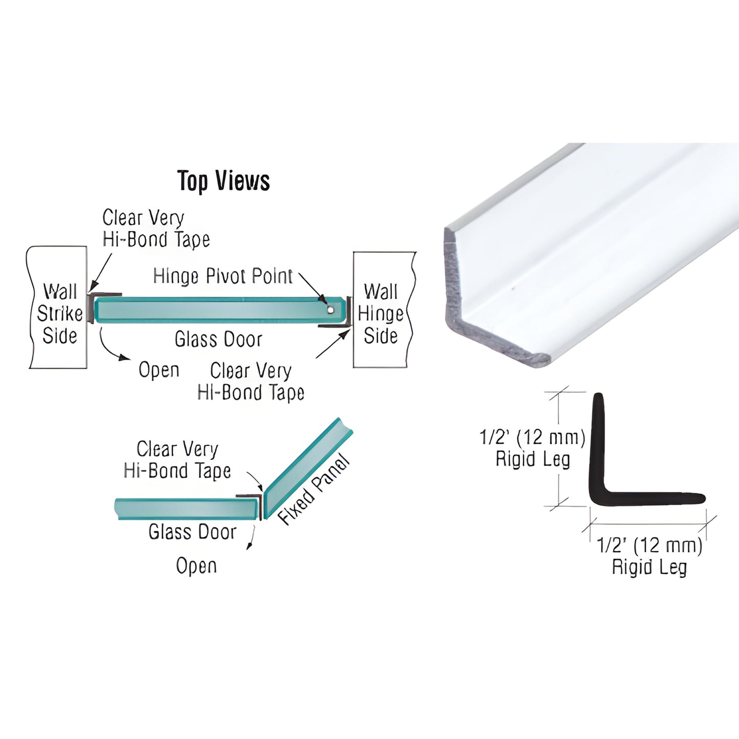 Clear polycarbonate L-angle jamb (SKU P12LJ), 95in, fits 6-12mm glass for shower hinge/strike and neo-angle installs