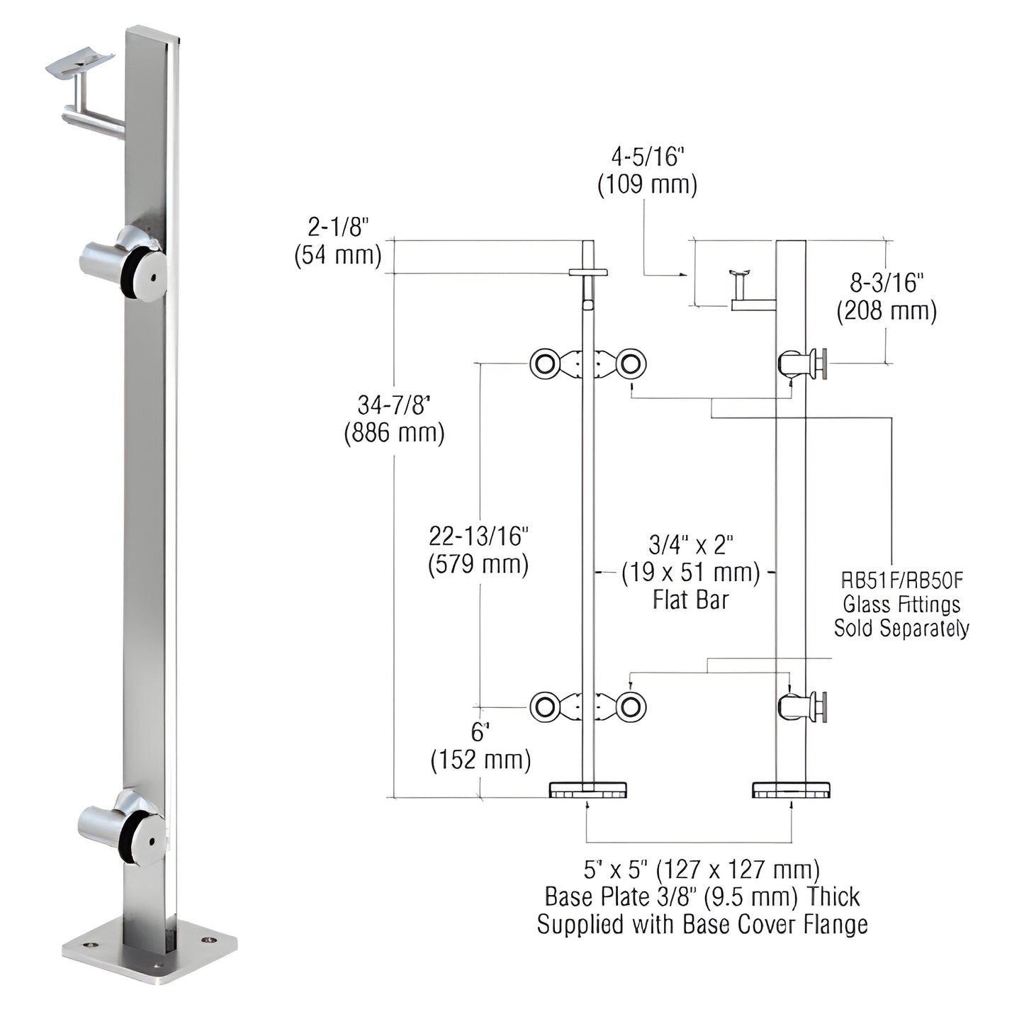 P336REPS stainless steel surface-mounted railing post with 5x5 base plate; glass fittings sold separately.