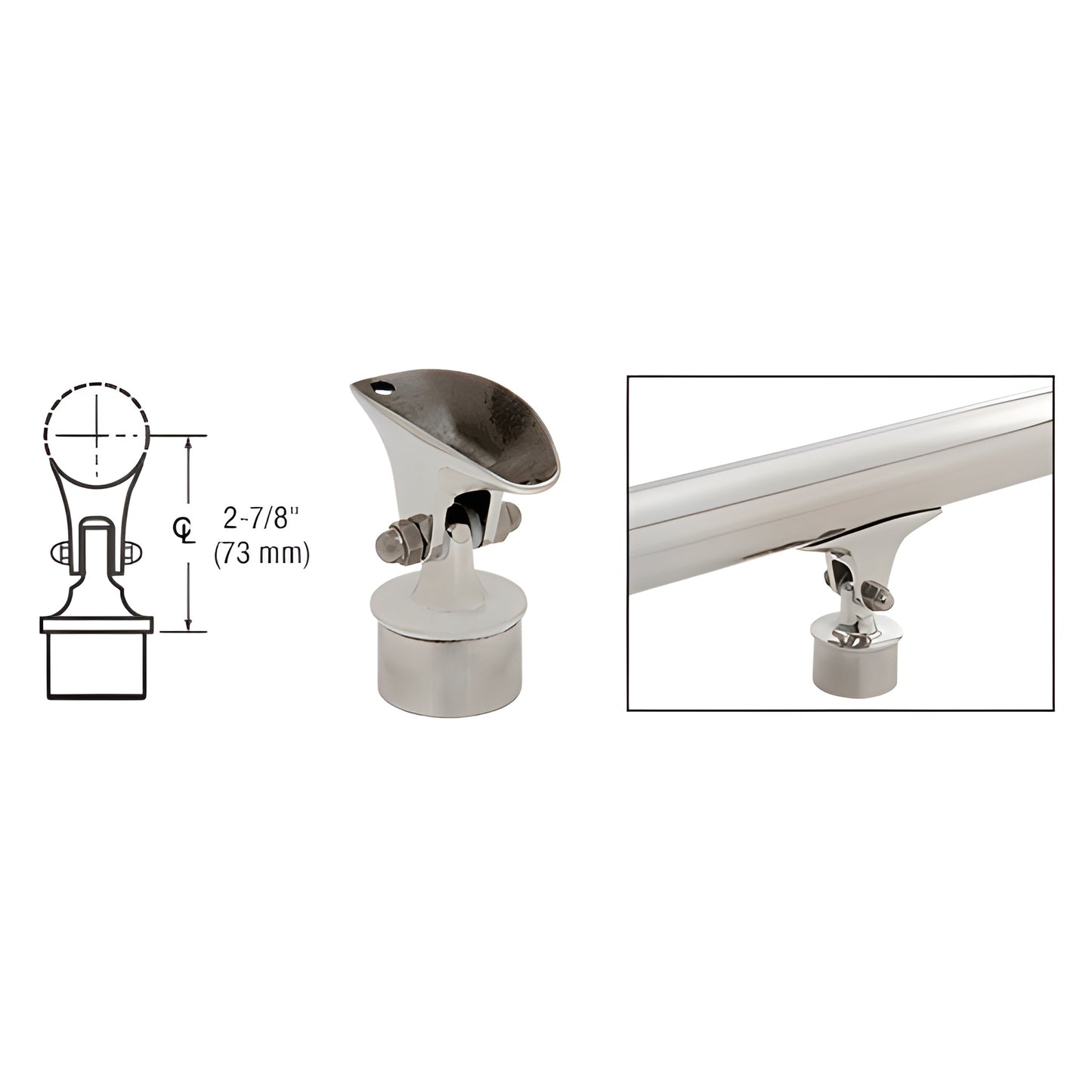 Adjustable stainless steel handrail saddle, brushed finish for vertical tubing, fits 68mm centerline - SKU HR15VABS