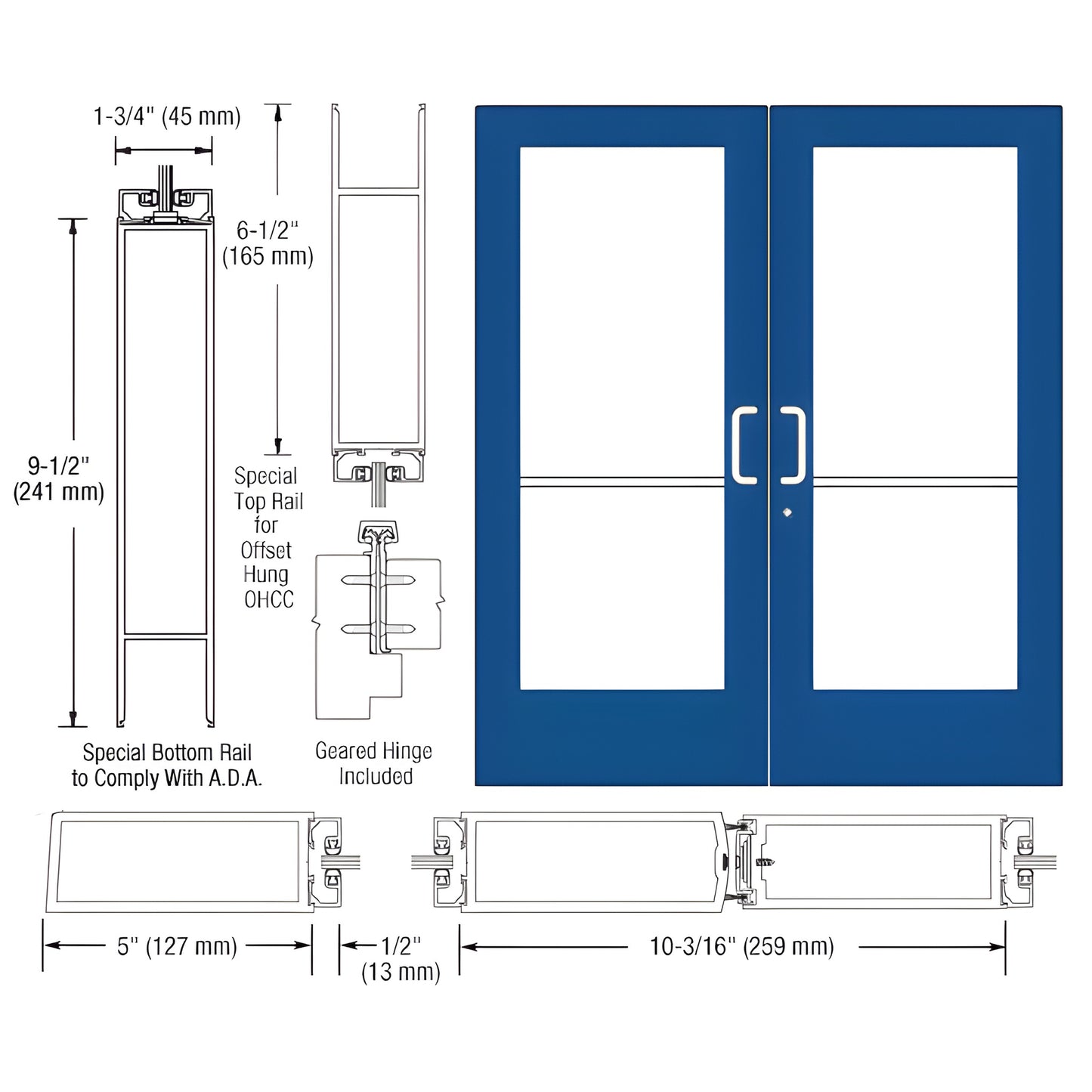 Blue custom wide-stile commercial double entrance door with large glass panels, ADA bottom rail - SKU DE52971.