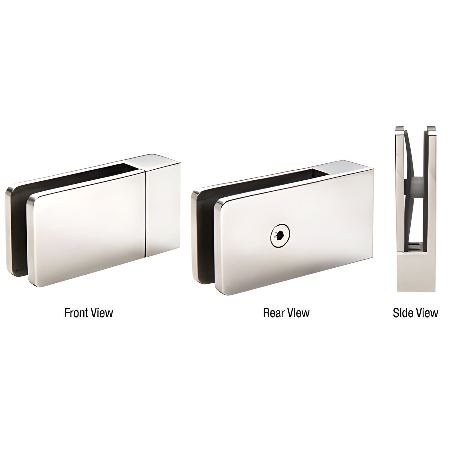 CRL CMC1CH tall base glass clamp, polished chrome brass, for 3/8" or 5/16" tempered glass - front, rear and side views