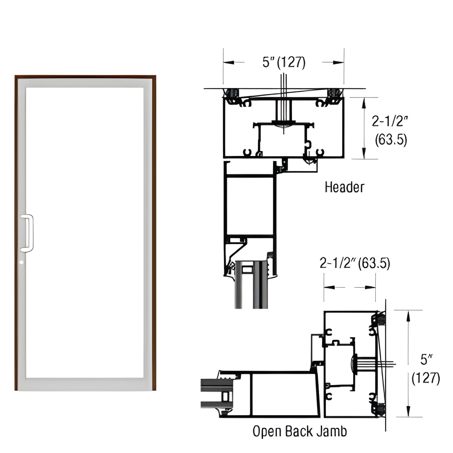 Custom Up/Over hurricane impact door frame (SKU 0F71822), black bronze anodized, 2-1/2" x 5" with handle and jamb diagrams.
