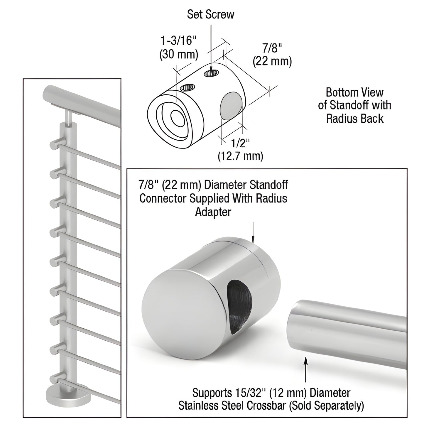 Polished 316 stainless standoff connector (7/8" dia) for 12mm crossbar; slip-fit, surface-mount.