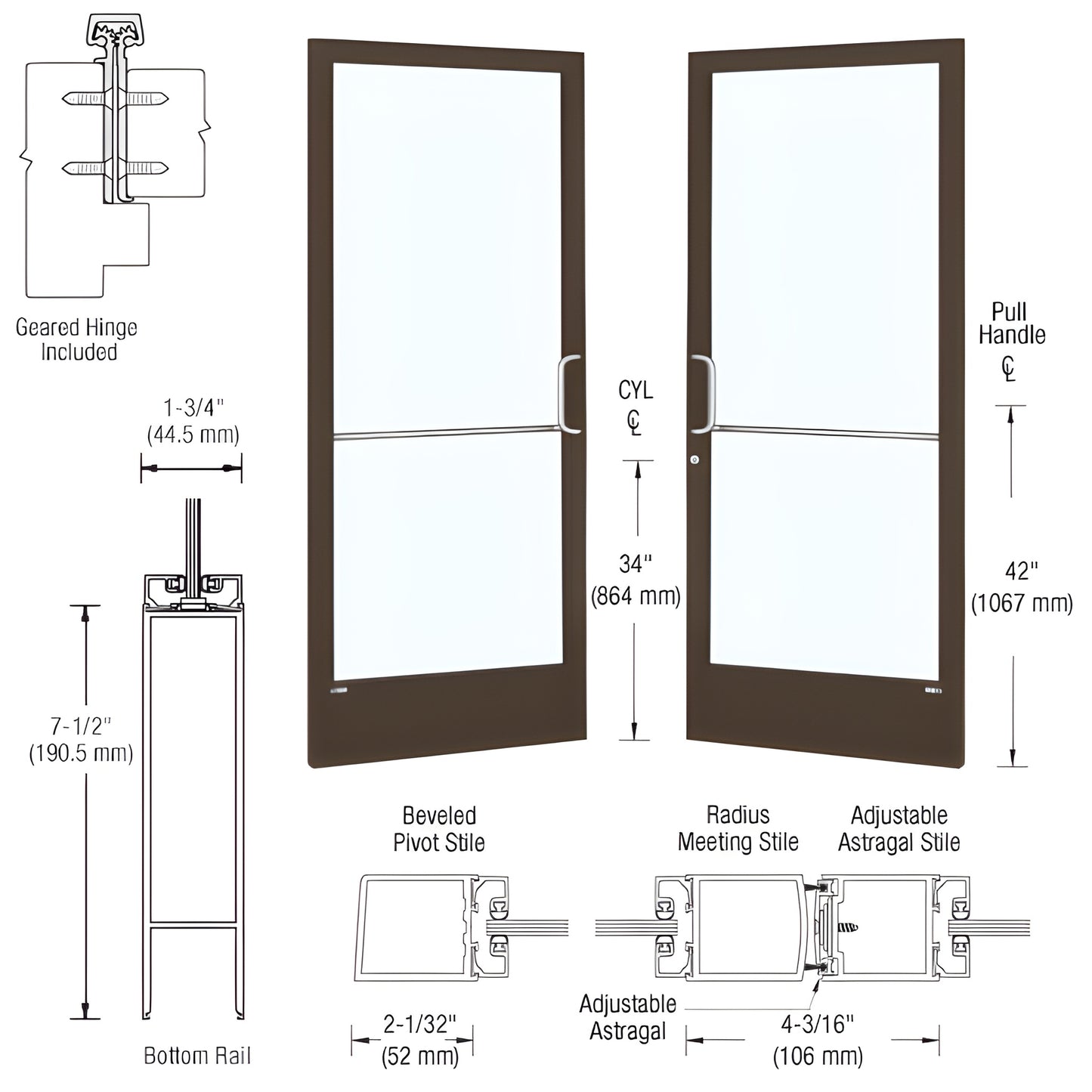 HE22822 narrow stile aluminum entrance door, black bronze anodized frame with 1/4" glass and commercial pull handle