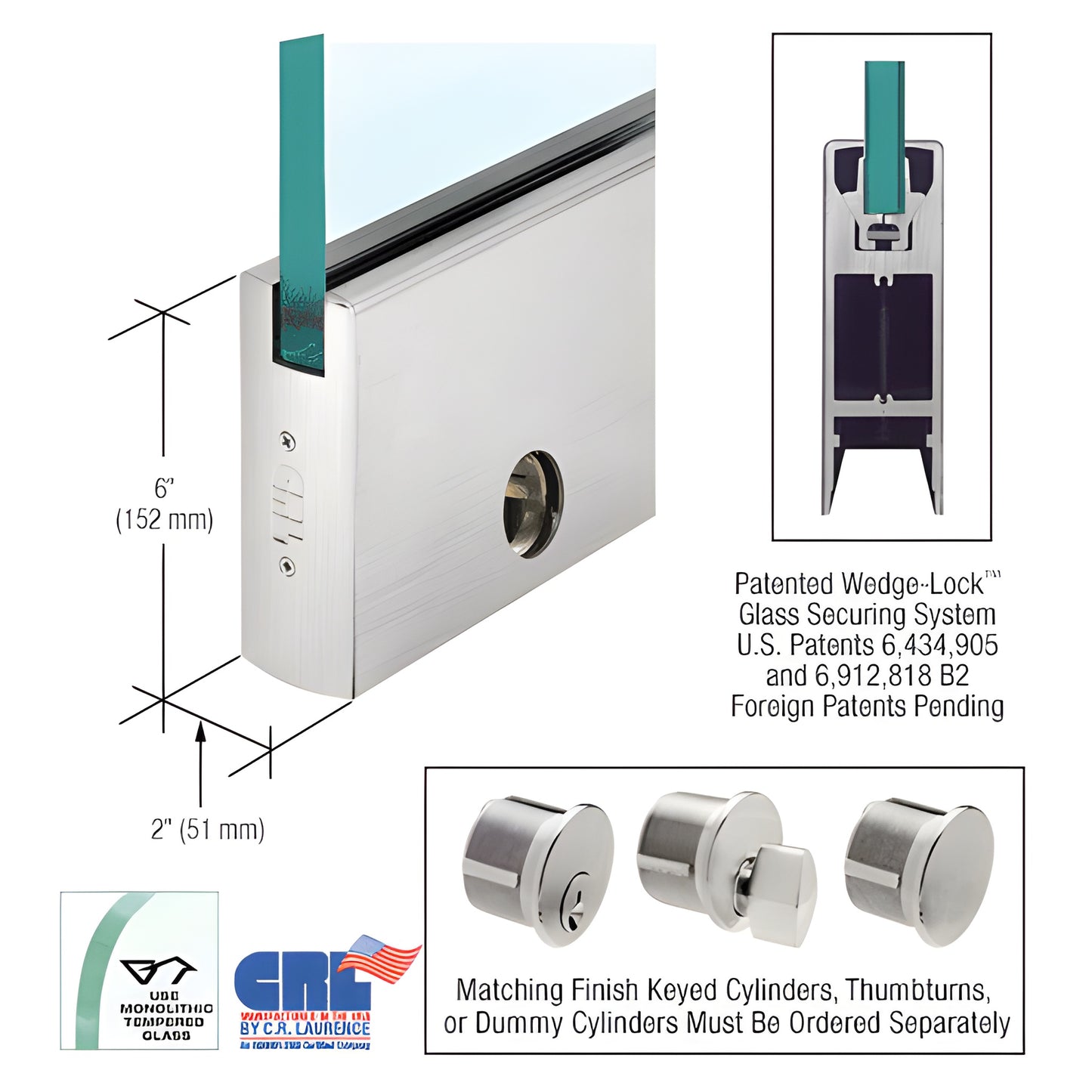 CRL Wedge-Lock 6" x 35-3/4" brushed stainless door rail for 1/2" (12mm) glass, lockable, SKU DR6SBS12SL