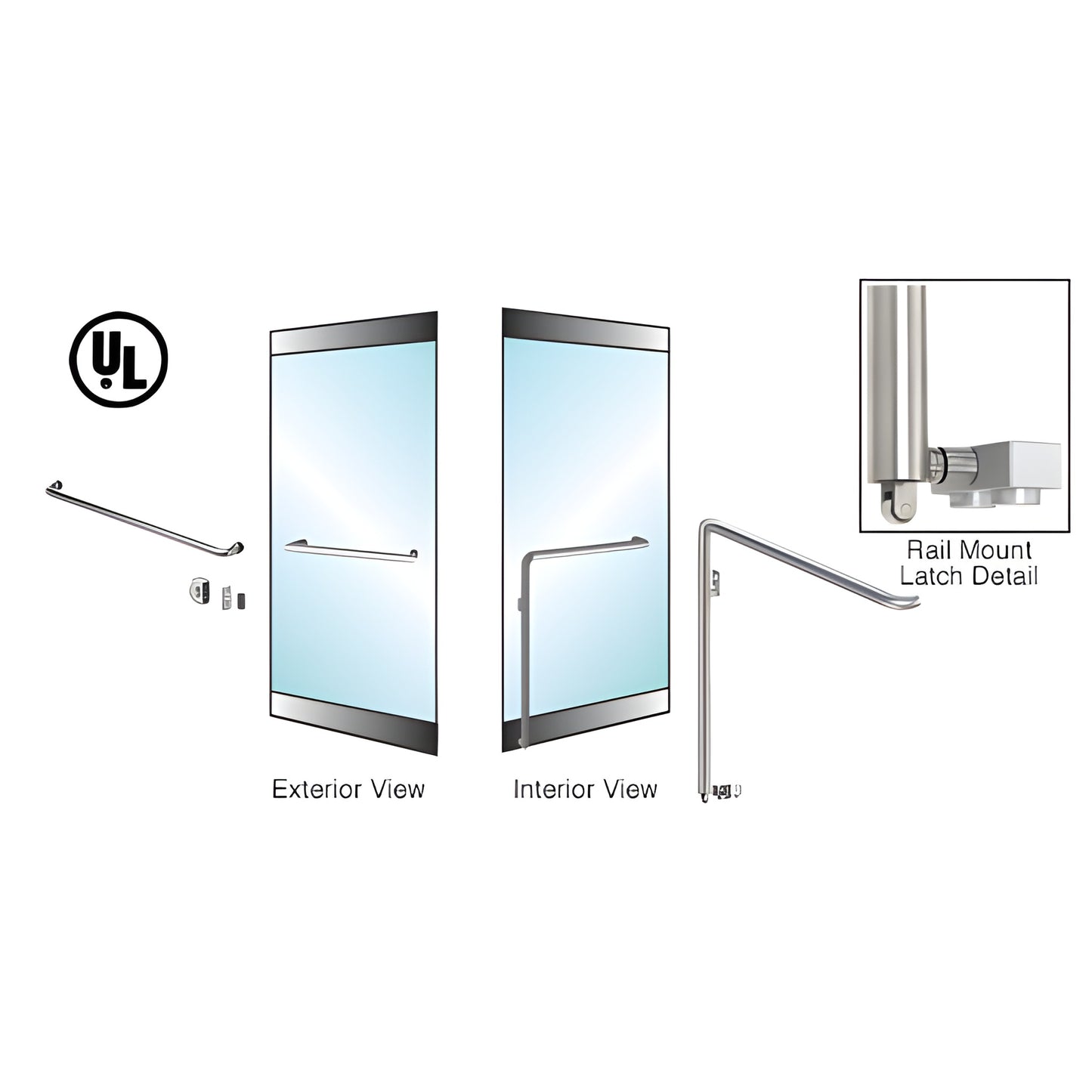 CRL PA110 glass door panic handle, brushed stainless rail-mount, 1-1/4 in. dia for 5/8 in. tempered glass - SKU 5P110A4RKBS