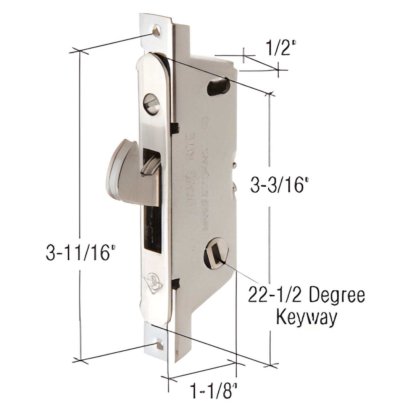 Adams Rite mortise lock AR18479, stainless latch, round-end faceplate, adjustable hook, 3-11/16" C-C, 22.5 keyway