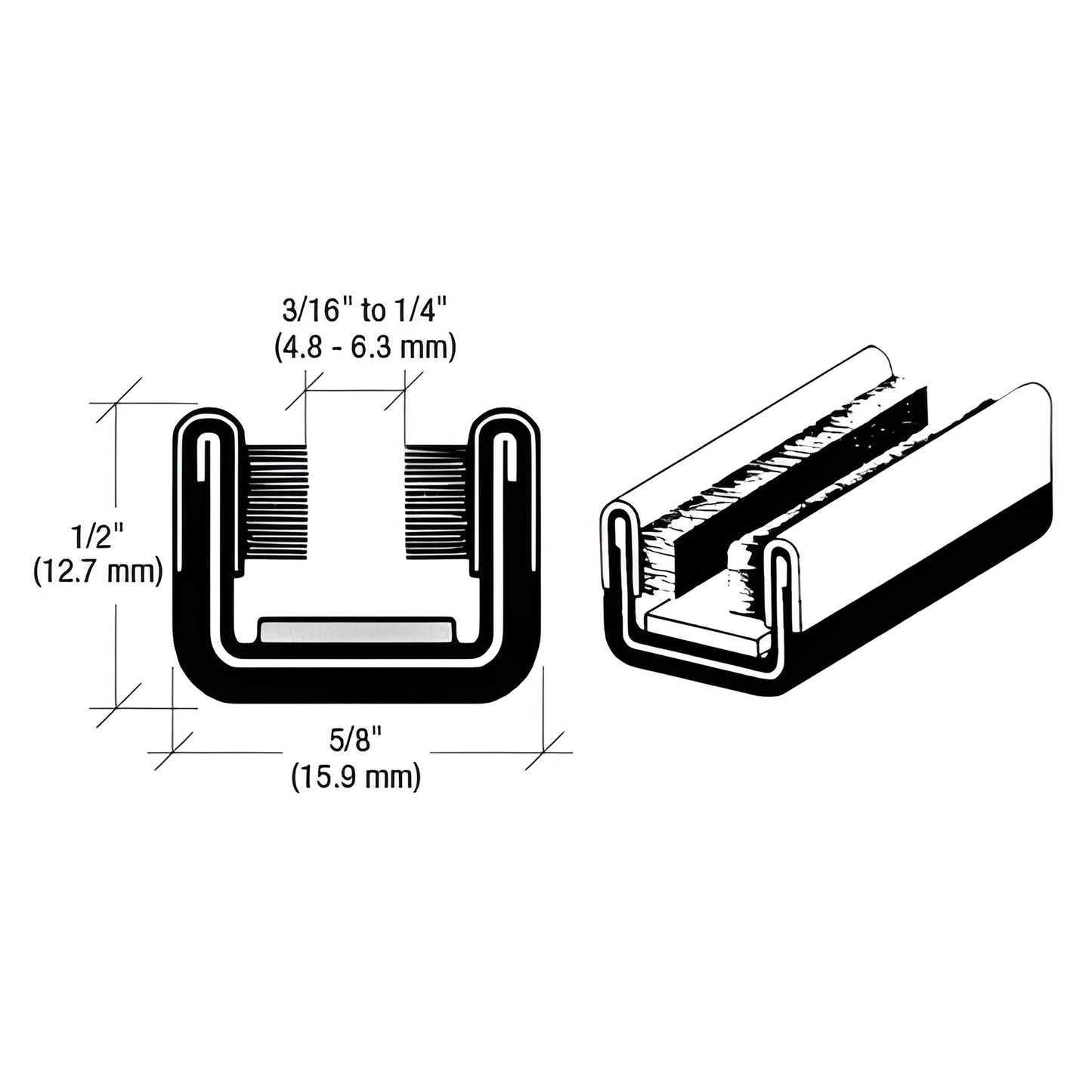 CRL SKU 8A196 black flexible rubber glass run channel, felt/pile lined, 5/8" wide x 1/2" high, fits 3/16-1/4" glass.