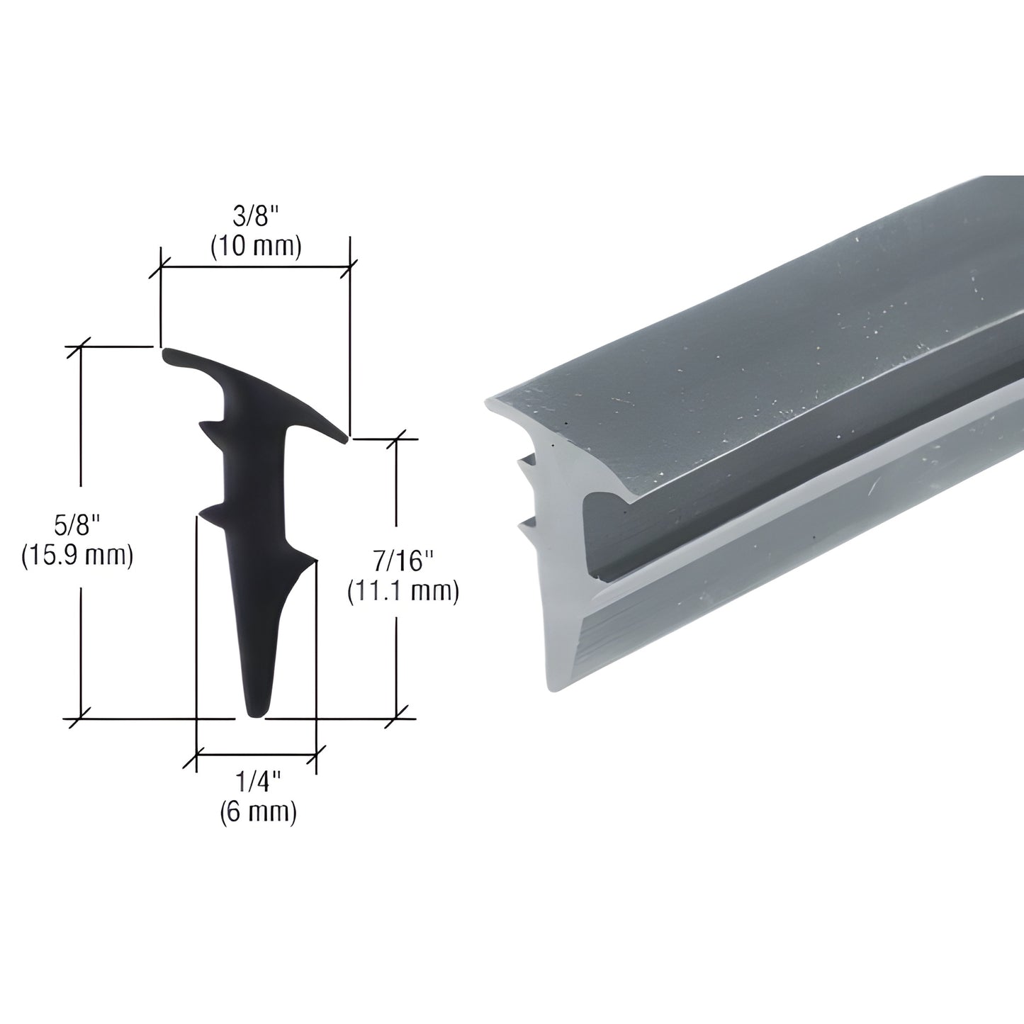 RGG12100 gray roll-in vinyl glazing gasket, top-load profile for 1/2" (12mm) glass, 100 ft roll.