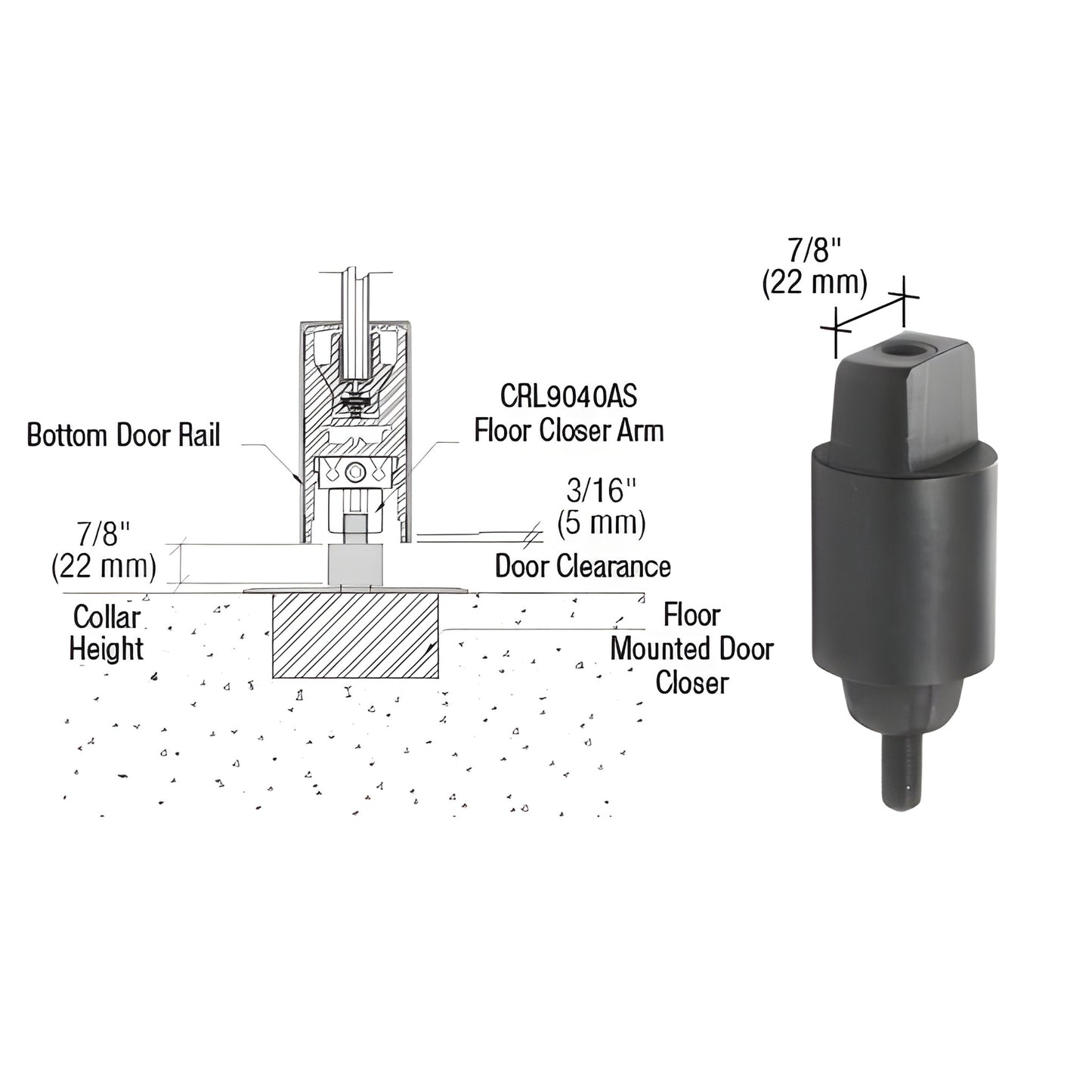 CRL9040S23 flat tapered aluminum spindle for floor-mounted door closers, 7/8" collar height, 3/16" door clearance.