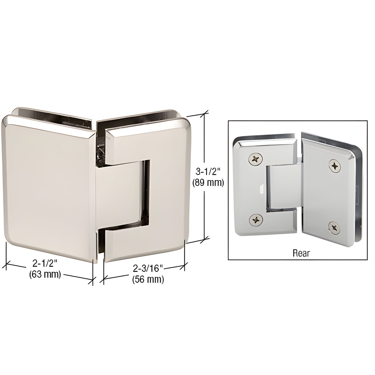 CRL Pinnacle polished-nickel glass-to-glass hinge P1N045PN - beveled brass, 135 , self-centering, fits 8-12 mm glass