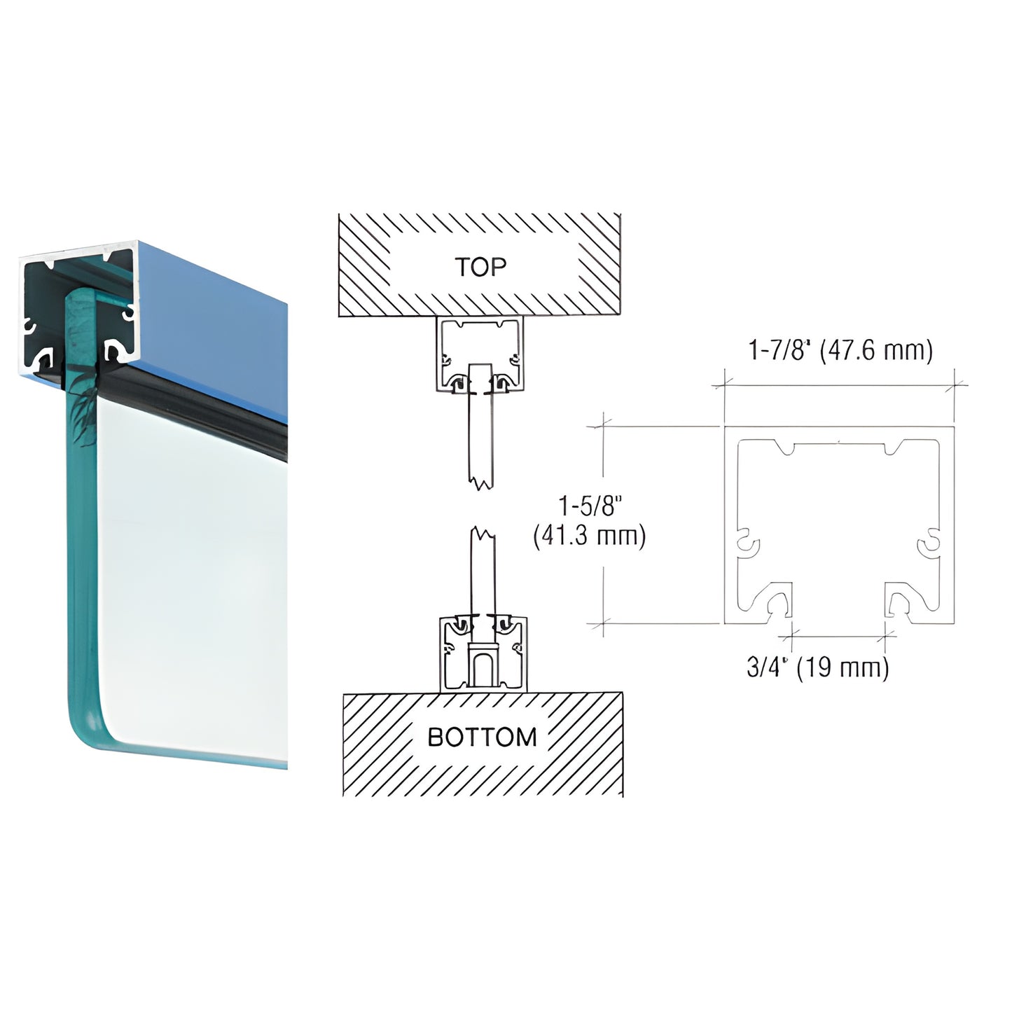 NH2PTCL powder-coated aluminum narrow header/U-channel for 3/8" (10mm) glass, 1-5/8" H x 1-7/8" W, diagram.