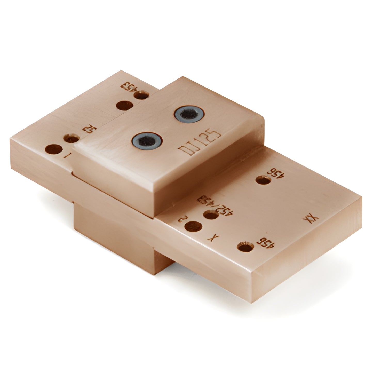 DJ125 mill-finish drill jig for 1" glazing mullions; supports shear-block and screw-spline joinery