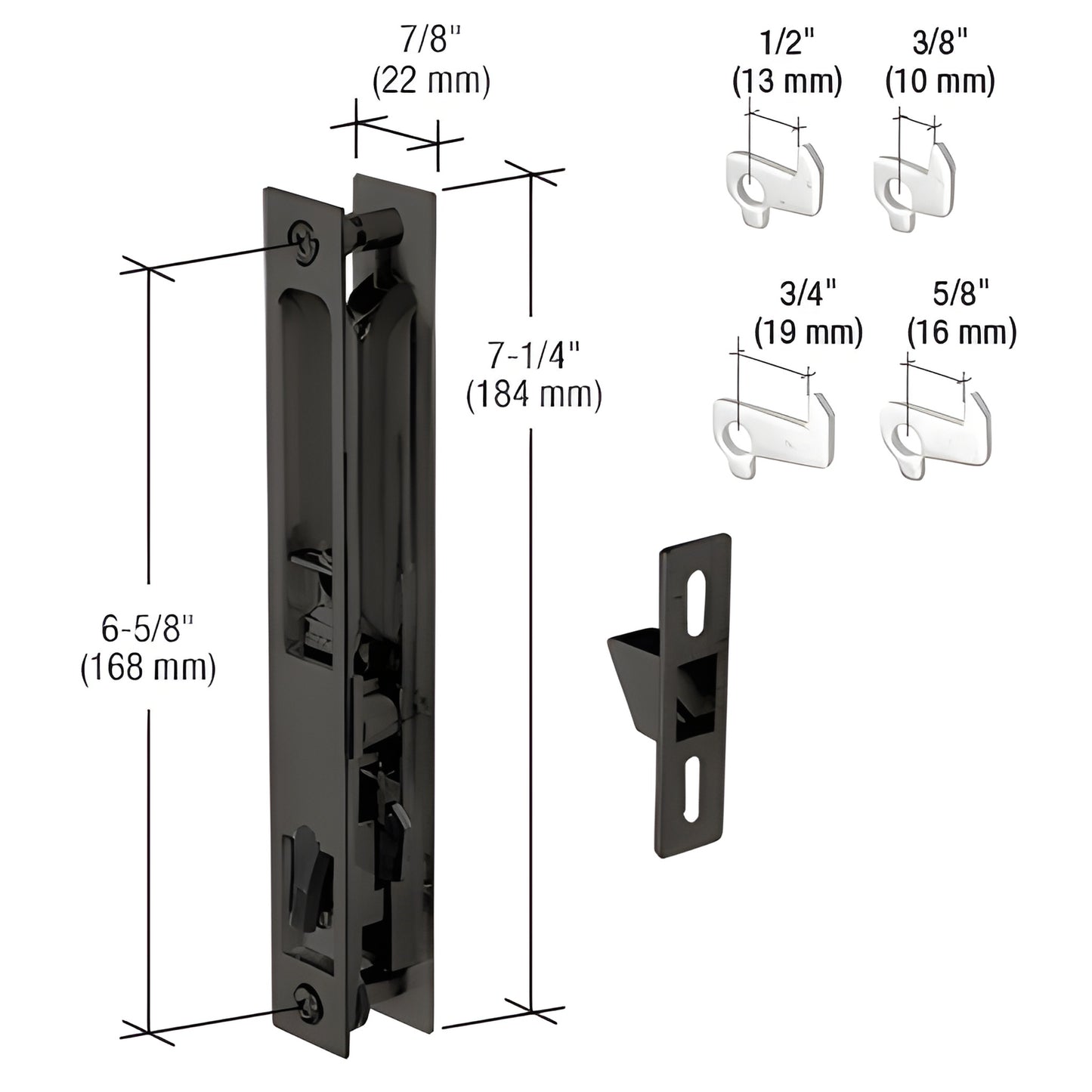 CRL C1043 black flush aluminum handle set for sliding doors, 7-1/4" body, 4-hook assortment with keeper.