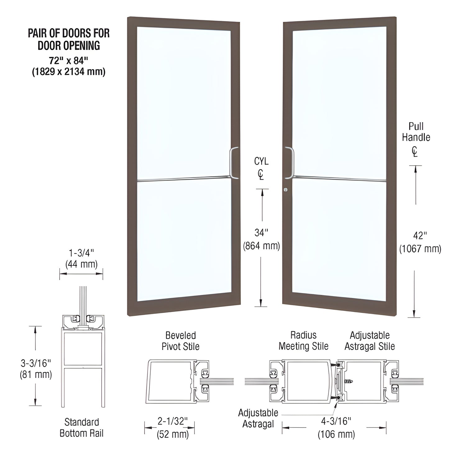 Pair of Black Bronze Anodized narrow-stile glass entrance doors with push/pull hardware, ADA bottom rail - SKU DC22822
