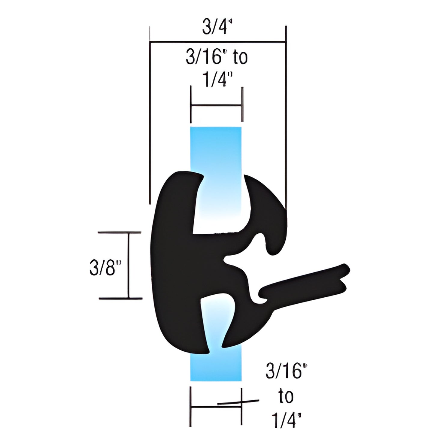 Black EPDM self-sealing weatherstrip cross-section (SKU AS1536) on blue glass; fits 3/16-1/4" glass, 3/4" 3/8".