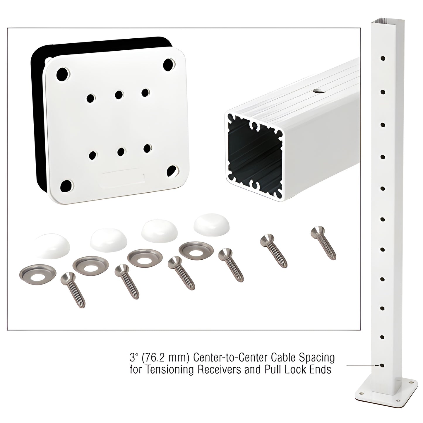 P42PKW sky-white 42in aluminum surface-mount cable end post kit with base plate, screws and cover buttons.