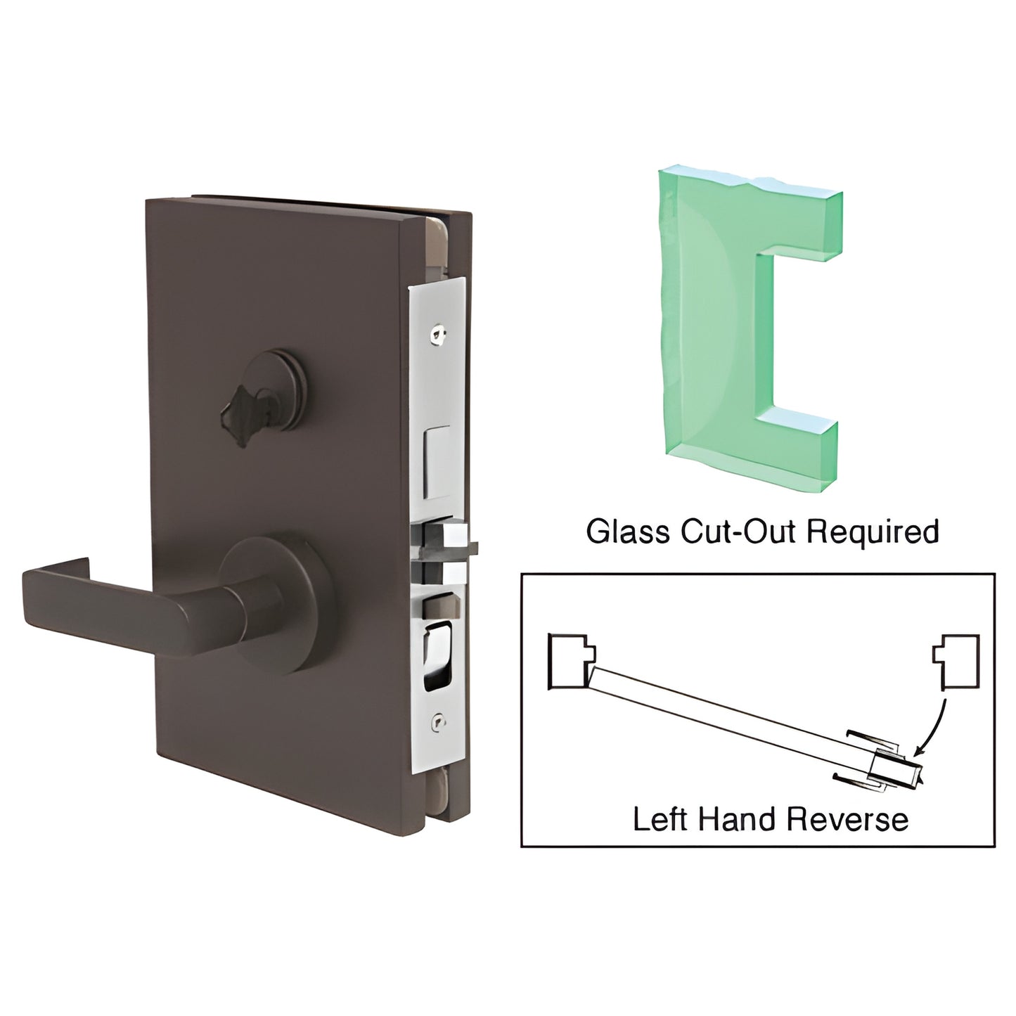 DL611LEDU black bronze 6x10 center lock for 1/2" tempered glass, left-hand reverse lever.