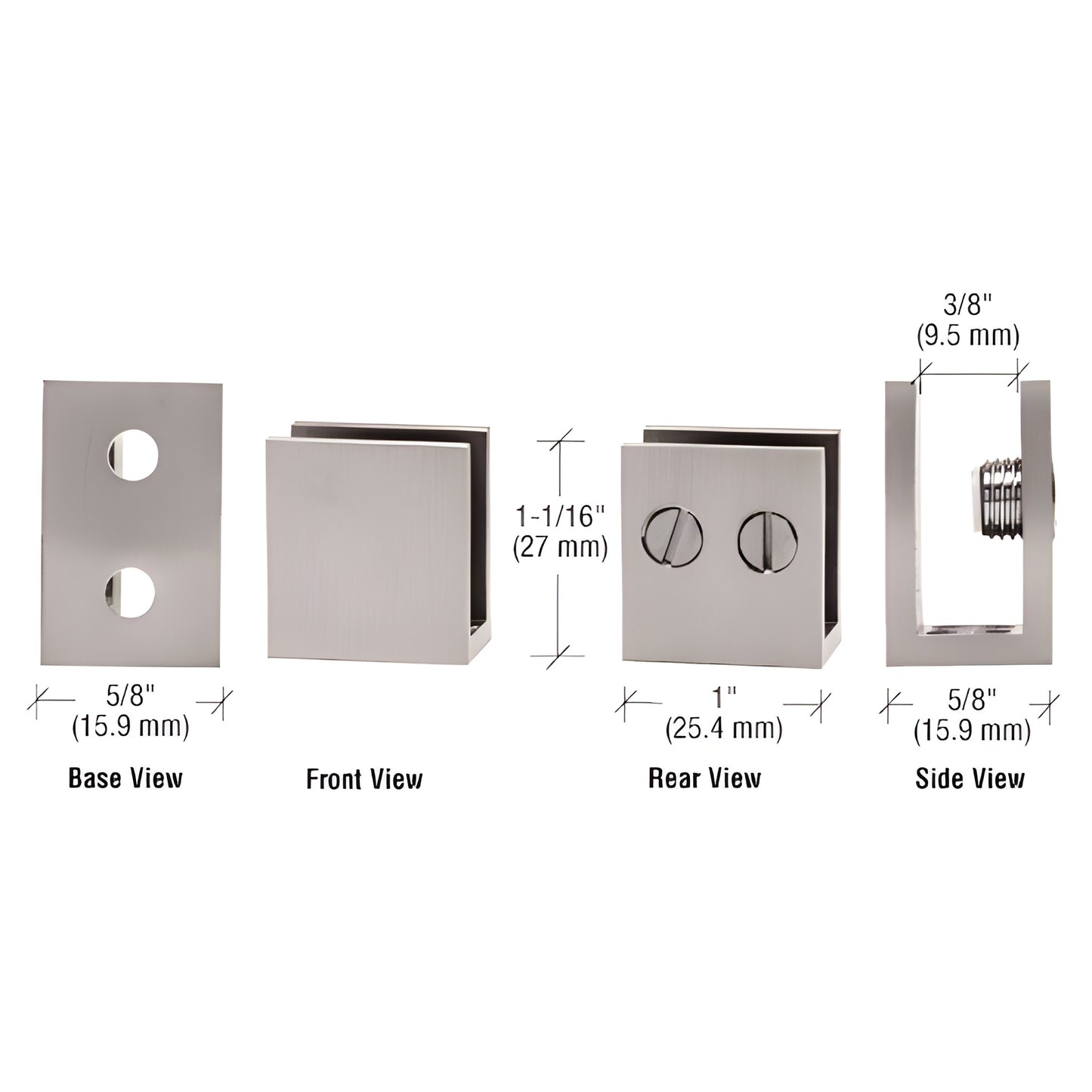 EH35 brushed nickel brass double-set-screw glass clamp for 1/4-5/16" (6-8mm) glass, compact 1" 5/8" 1 1/16" block.