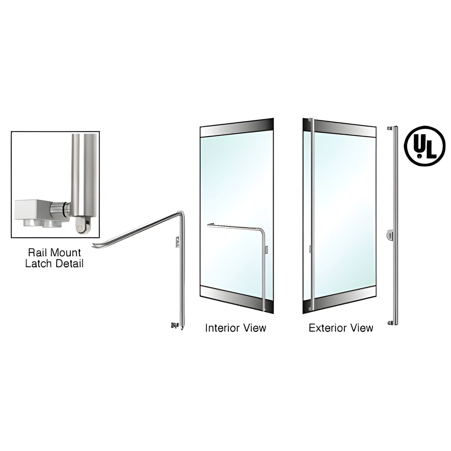 PA110F3RKBS brushed stainless steel DRS rail-mount panic exit handle for 1/2 in. tempered glass door.