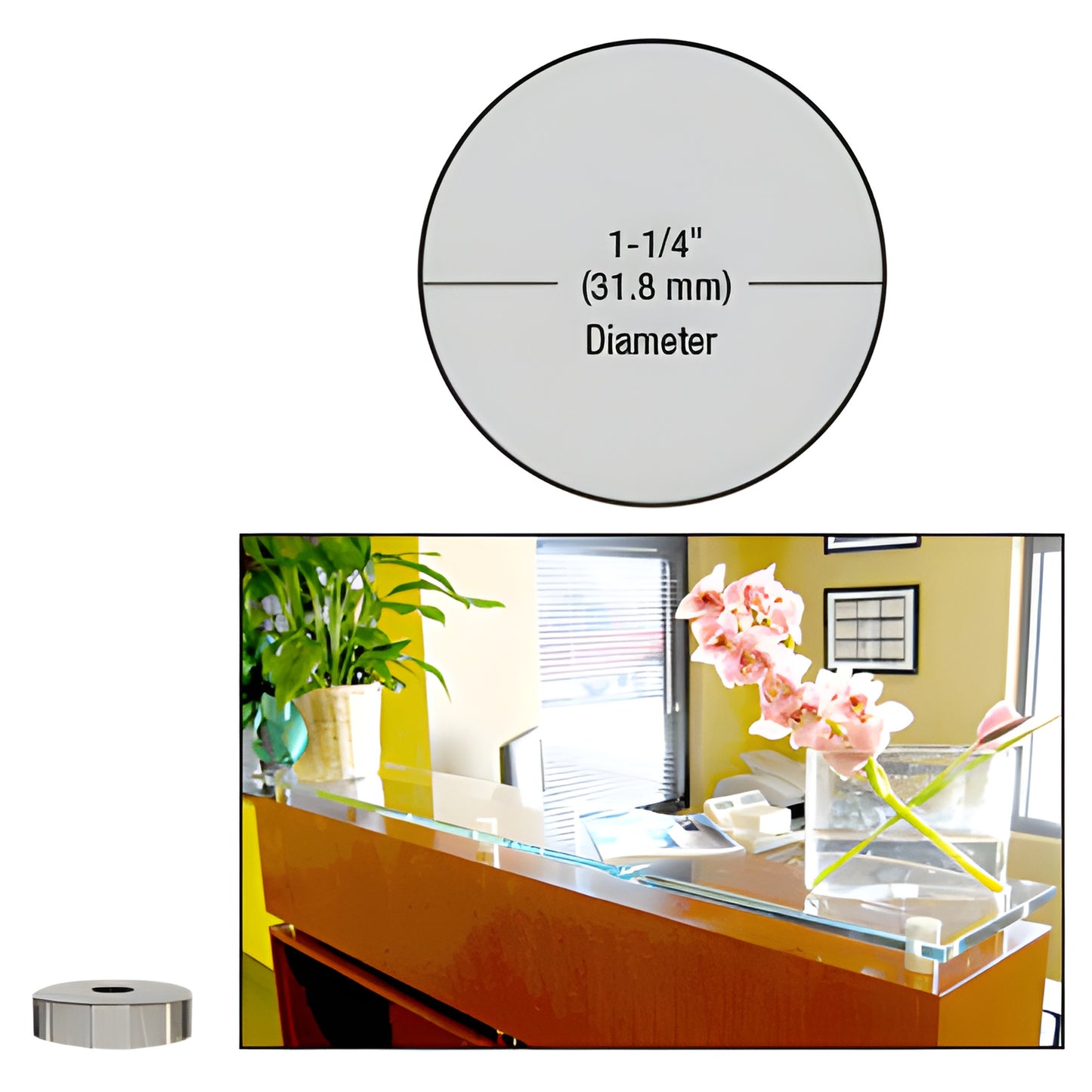 1-1/4 brushed stainless steel 316 standoff base for glass panels, 1/4-6 lengths available - SKU S0B11414BS