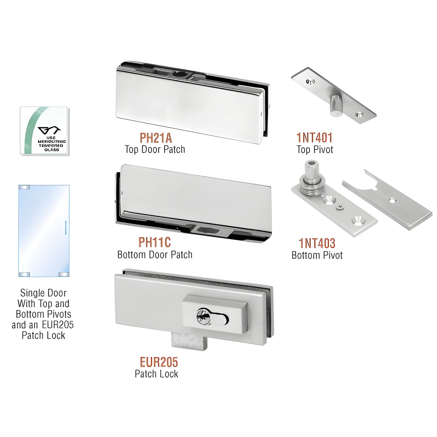 CRL PHE1LBS brushed stainless European patch door kit, top and bottom patches, pivots and optional EUR205 lock for 10/12mm gl