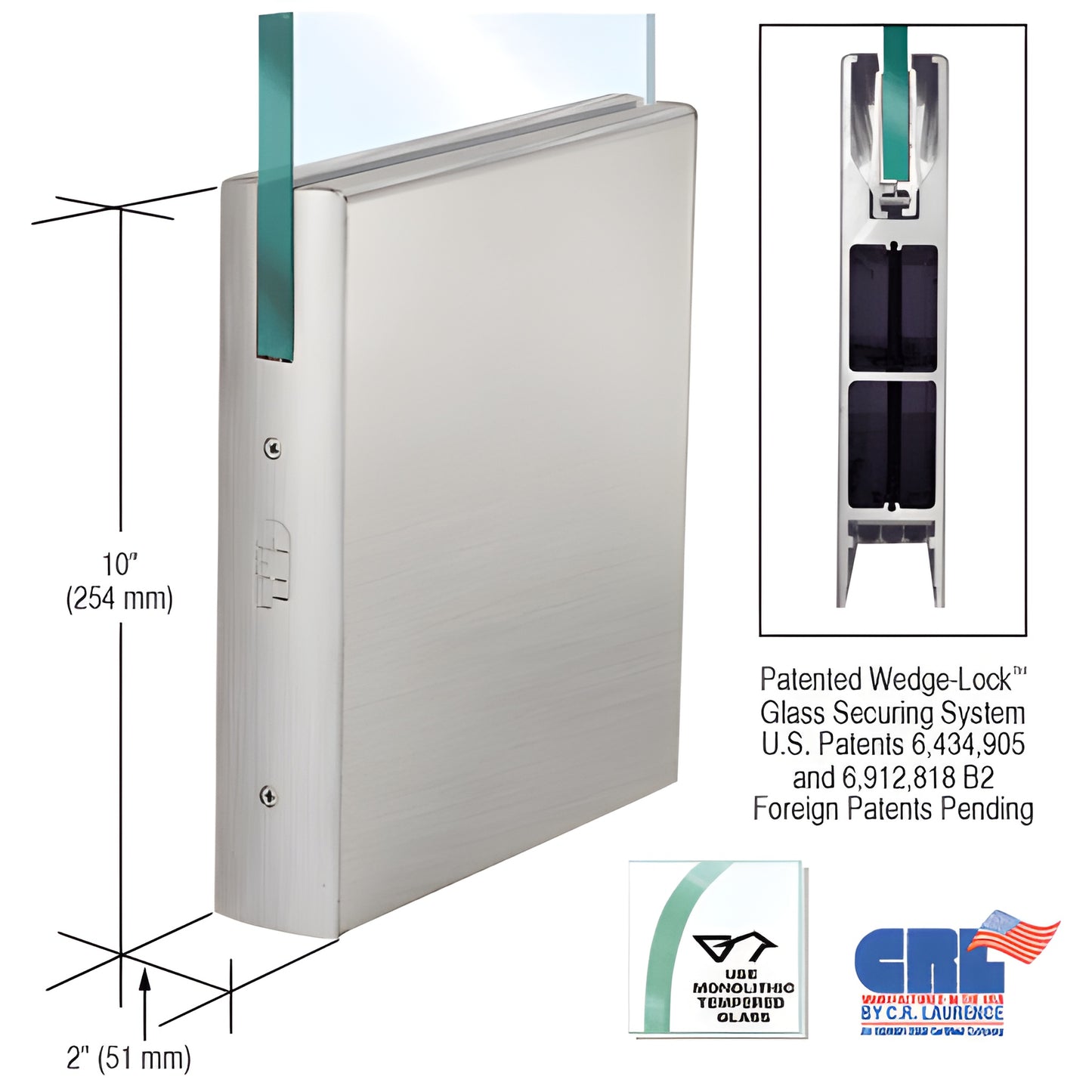 DR10SBS12C brushed stainless steel square door rail, 10" x 2", Wedge-Lock system for 1/2" (12mm) tempered glass