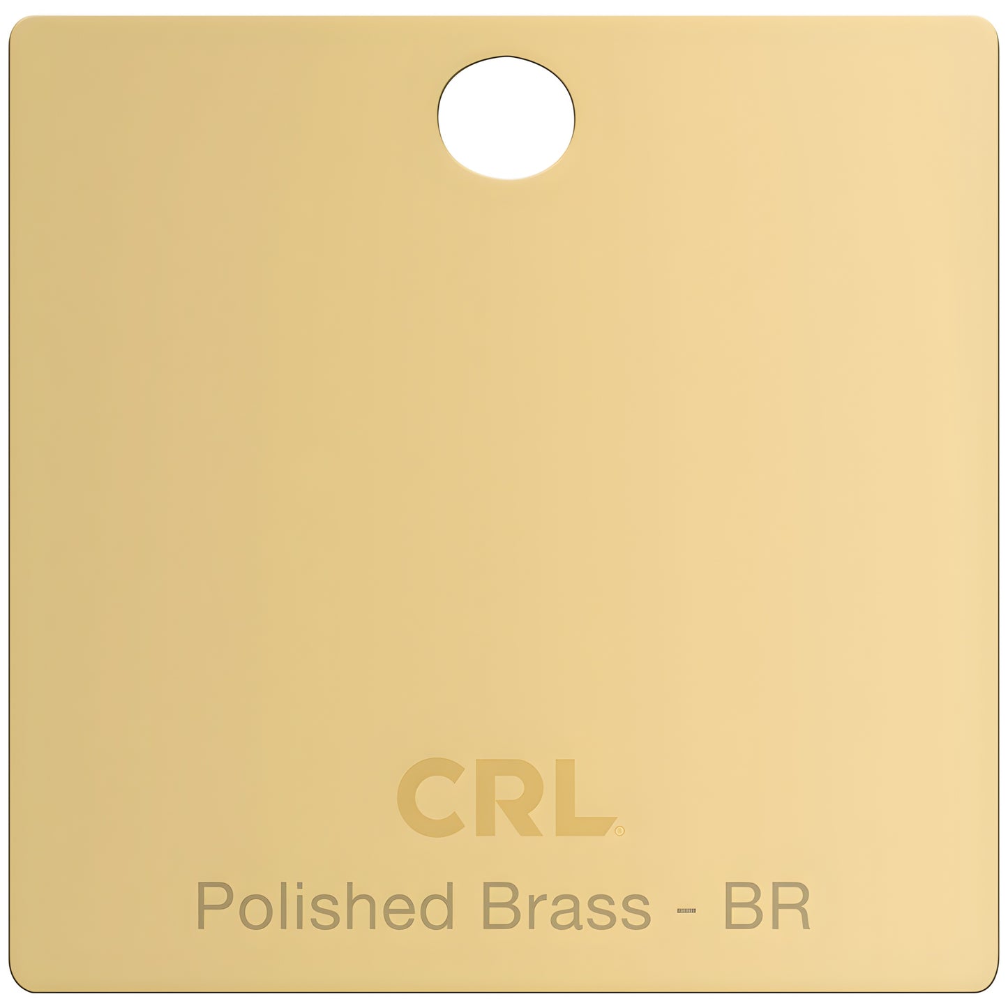 Polished brass finish sample chip CRL CH2PBR - square with top hole, engraved "Polished Brass - BR".