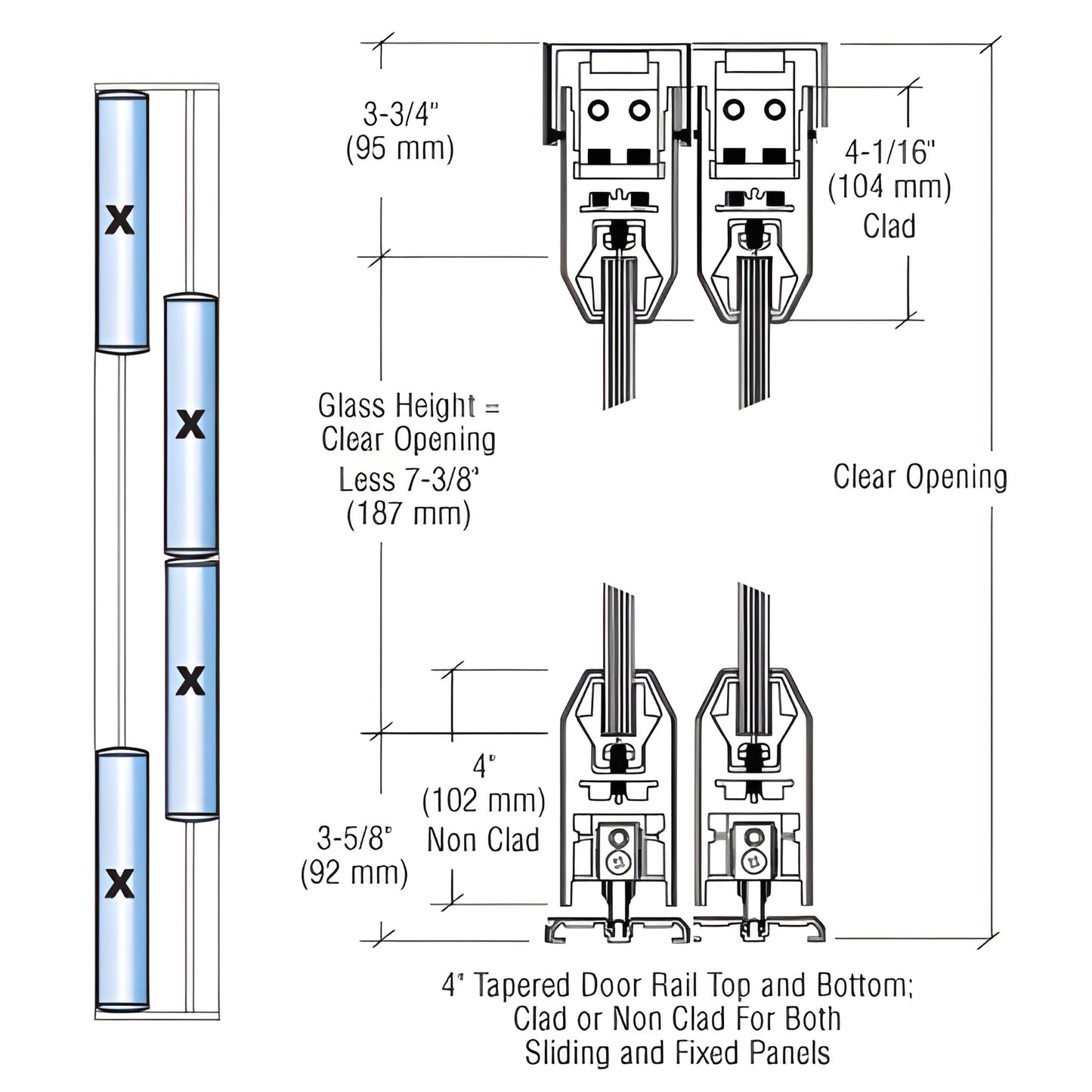 CRL SDR42FBS bottom-rolling sliding door system, brushed stainless steel, 4" tapered rails, max 48 108 in, 234 lb